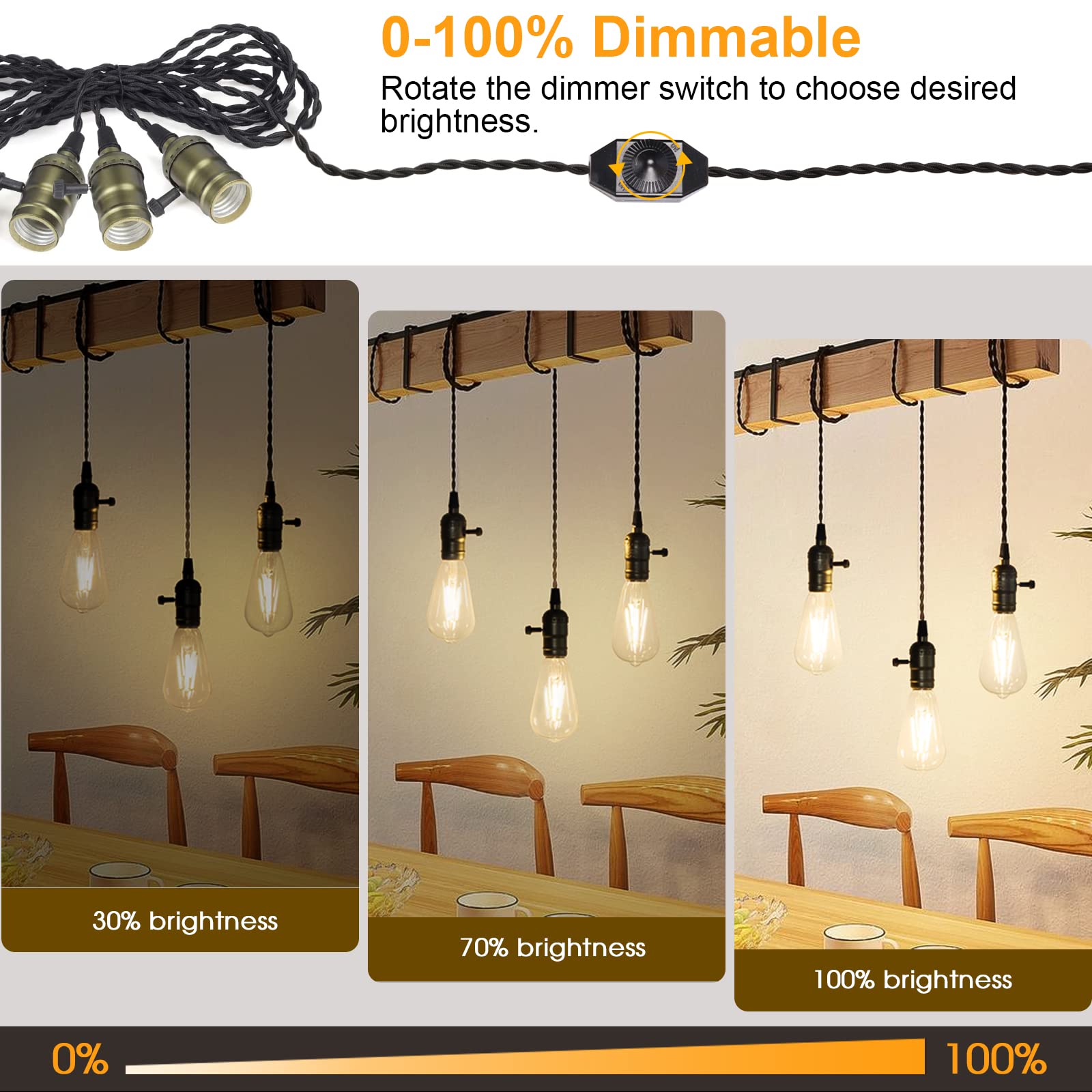 Seaside Village Vintage Pendant Light Kit - Dimming Switch, Triple E26/E27 Sockets, 25FT Twisted Black Cloth Cord, Copper Accents
