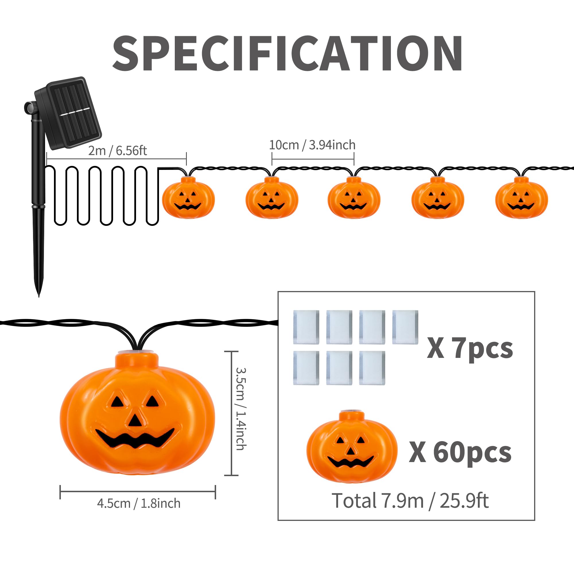 Varmax Solar Halloween Lights Outdoor 60 Leds, Halloween Pumpkin String Lights With 8 Lighting Modes, Halloween Outdoor Decorations 25.9 Ft For Porch, Window, Garden, Yard, Party