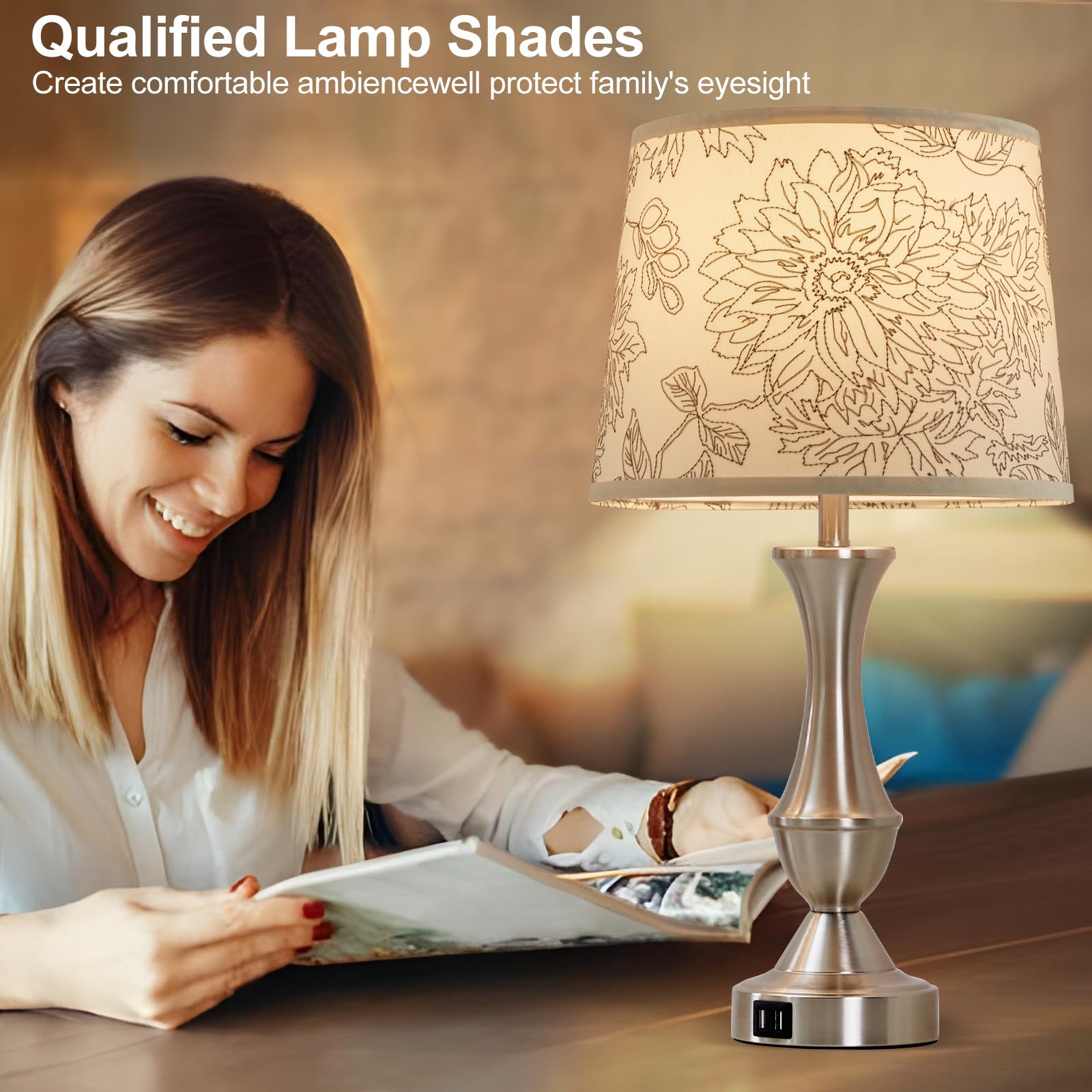 Luvkczc Drum Fabric Lampshades Set of 2, 13" x 11" x 10", Natural Linen, Hibiscus Flower, Model 2TL-31005L