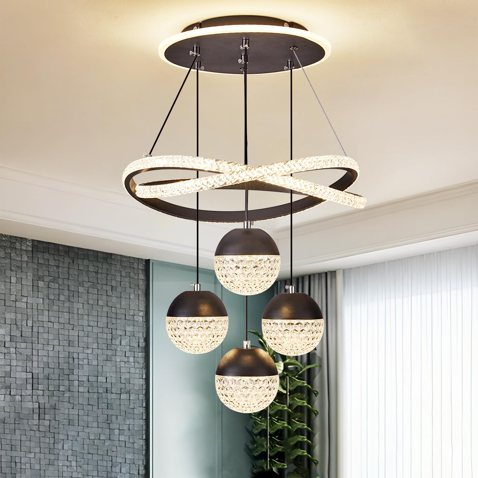 SpavzeMe Modern LED Chandeliers, Dimmable 3-Color Kitchen Island Pendant Light for Dining Room, Bedroom, Living Room, Contempora