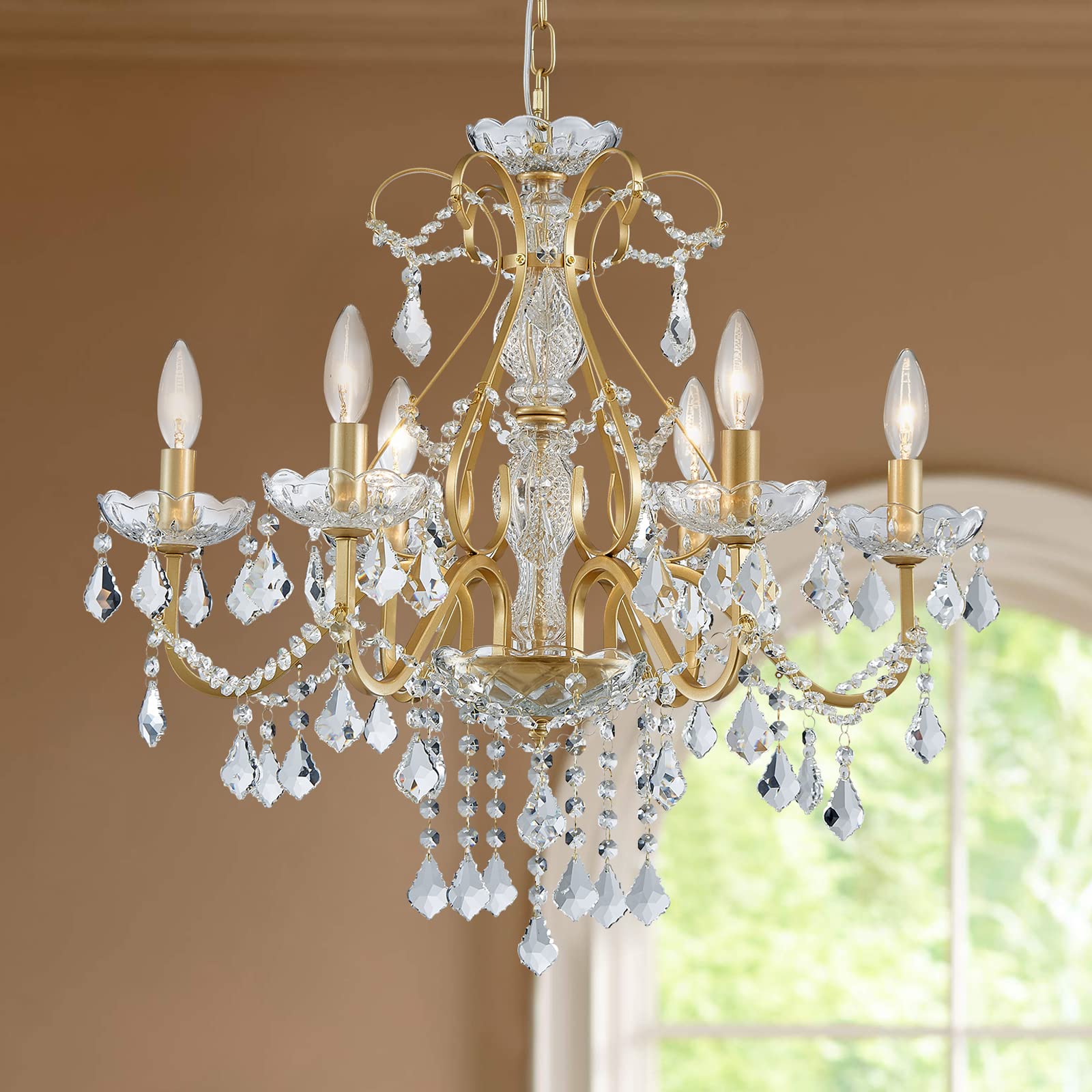 Bestier Gold Vintage Candle Chandelier Lighting Fixture, 6 E12 Bulbs, D24" x H26", Ideal for Dining Room, Bathroom, Foyer, Livingroom