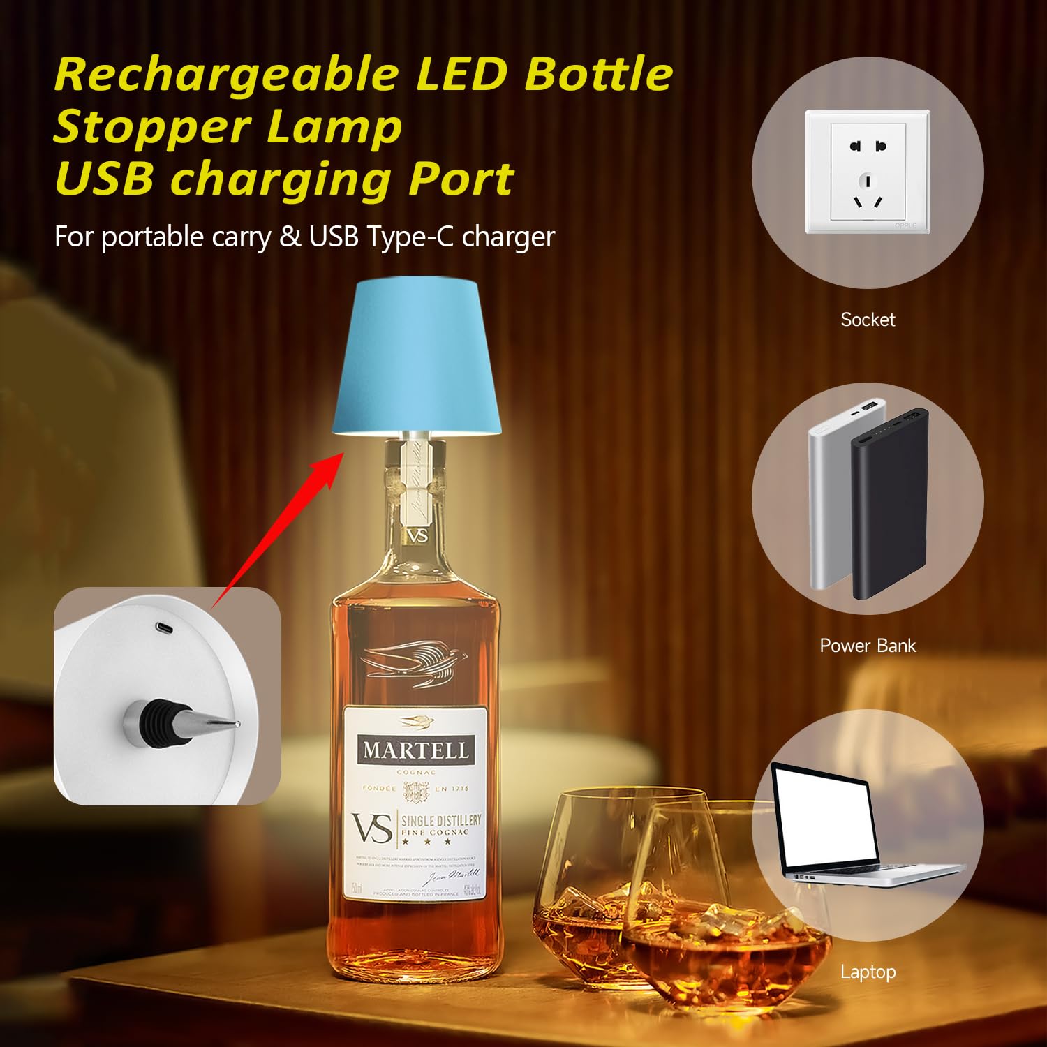 Hoide Wireless Bottle Lamp - LED Night Light Kit, Rechargeable, 5.7in, Light Blue, Plastic