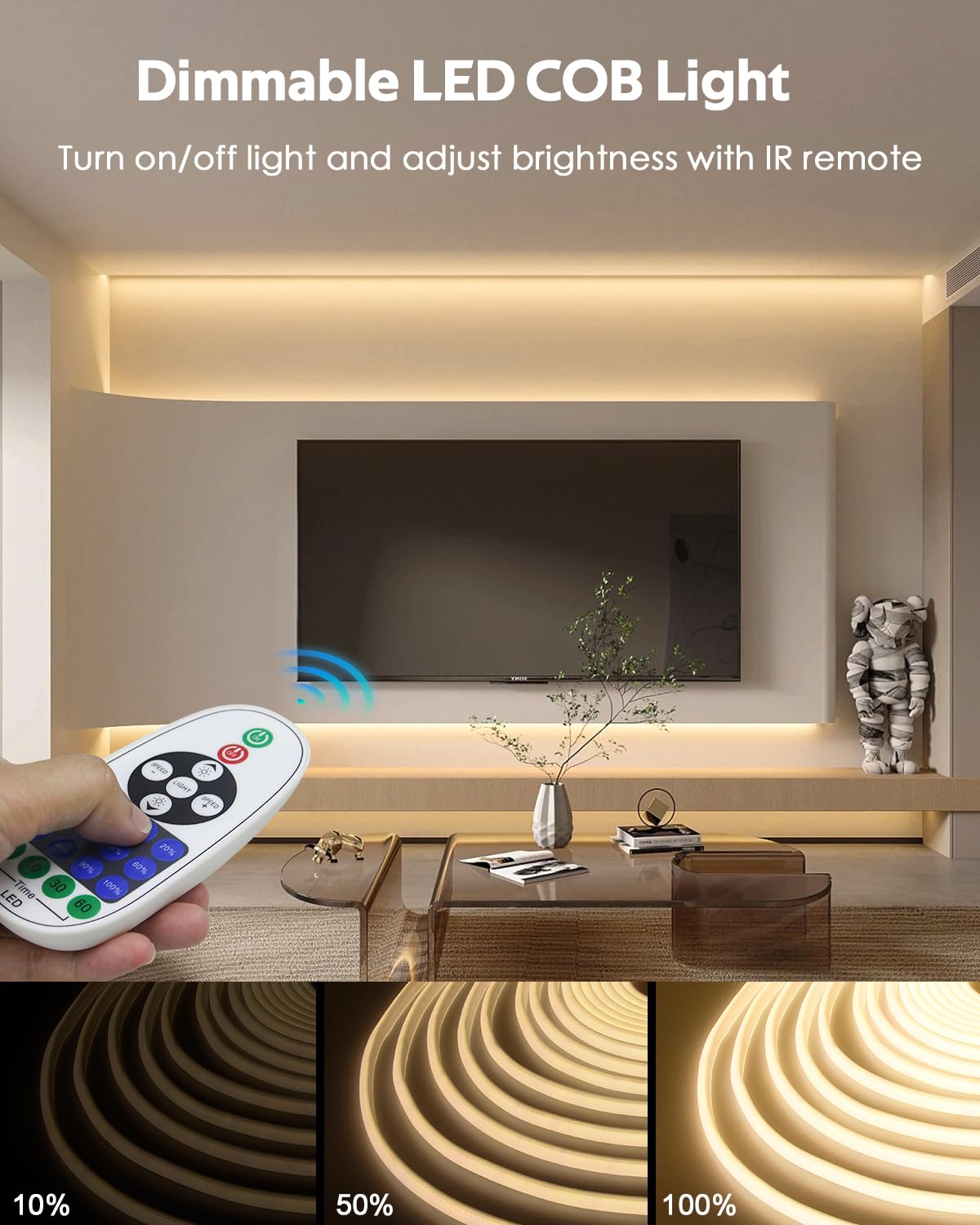 Samsion 65.6Ft Cob Led Strip Lights Outdoor Waterproof 20M Dimmable Led Rope Light With Remote Ac 110V~120V Cuttable Flexible Cob Light Strip Warm White 3000K For Garden Building Commerical Decor