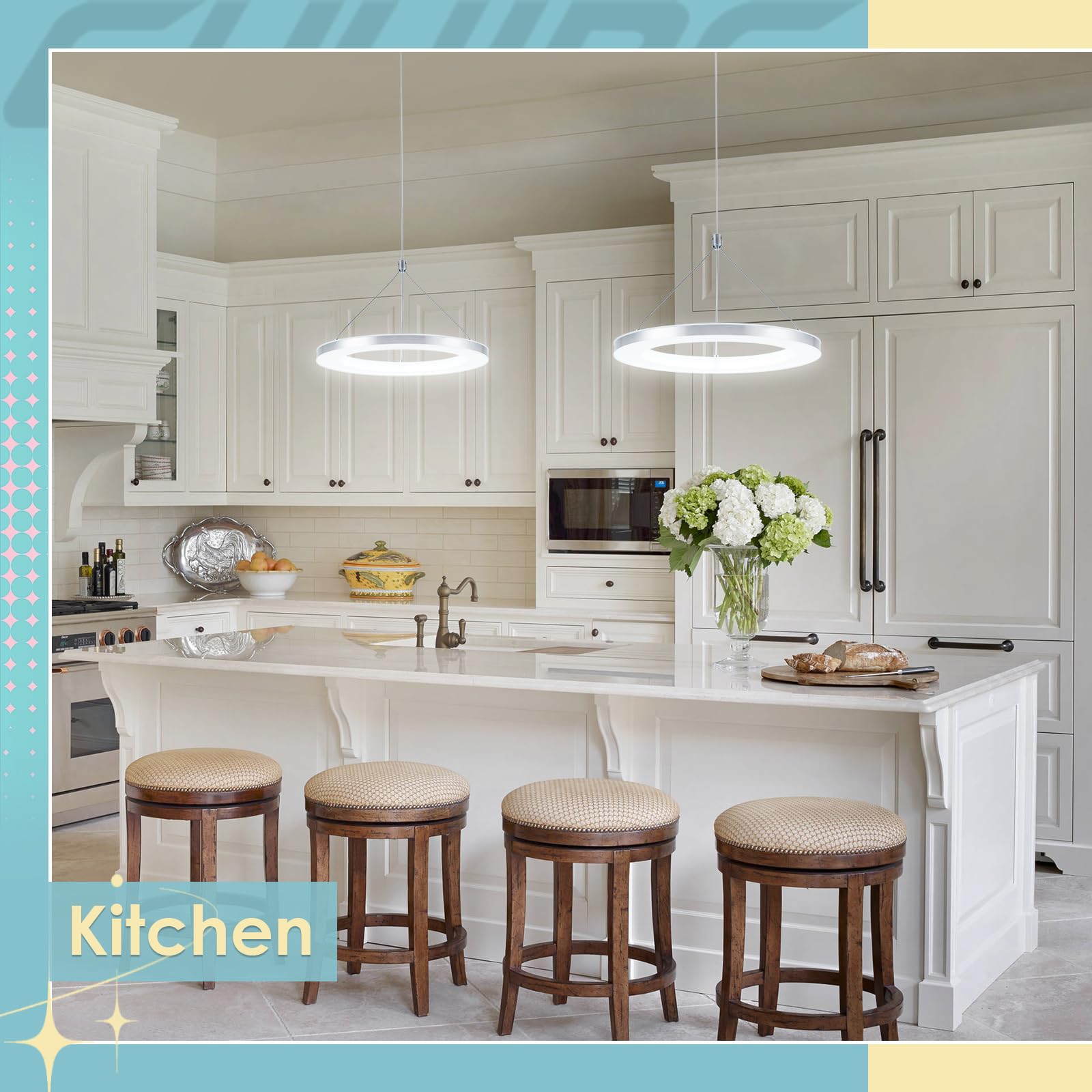 Chying Modern Led Pendant Light Kitchen Island Silver Ring Pendant Lighting 6500K Cool White Adjustable Height Ceiling Hanging Light Fixture For Bedroom Dining Room Living Room