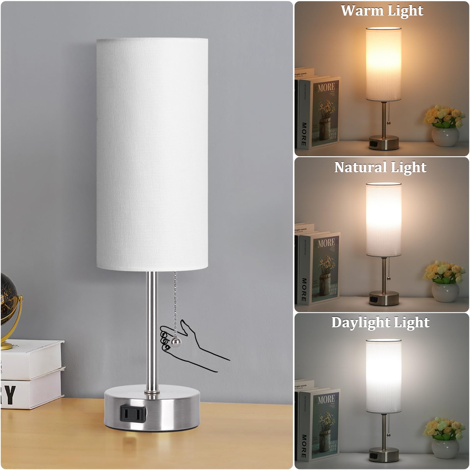 Dott Arts Table Lamp for Bedroom, 3-Color Bedside Lamps with Pull Chain, Bedroom Table Lamps for Nightstand,AC Outlet Small Lamp