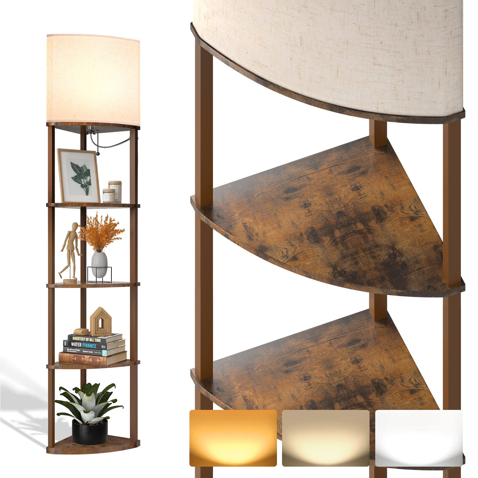 Addlon Corner Lamps 5-Tier Shelf Floor Lamp Display With 3 Color Temperatures Led Bulb And Linen Lamp Shade, Shelves For Living
