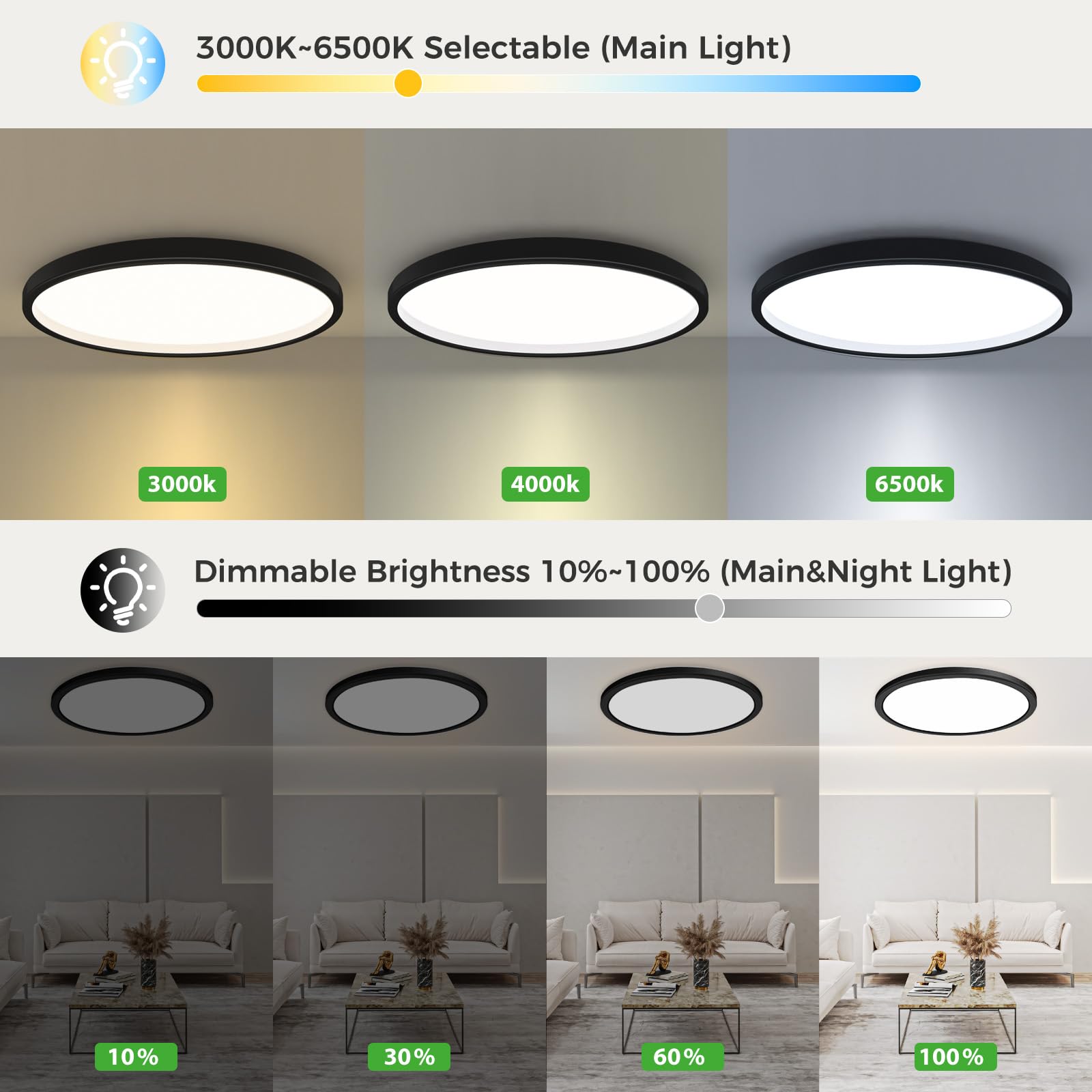 zemty 12 Inch LED Ceiling Light, Dimmable 1800K-6500K, Remote Control, 24W, Black, Model CLS30T