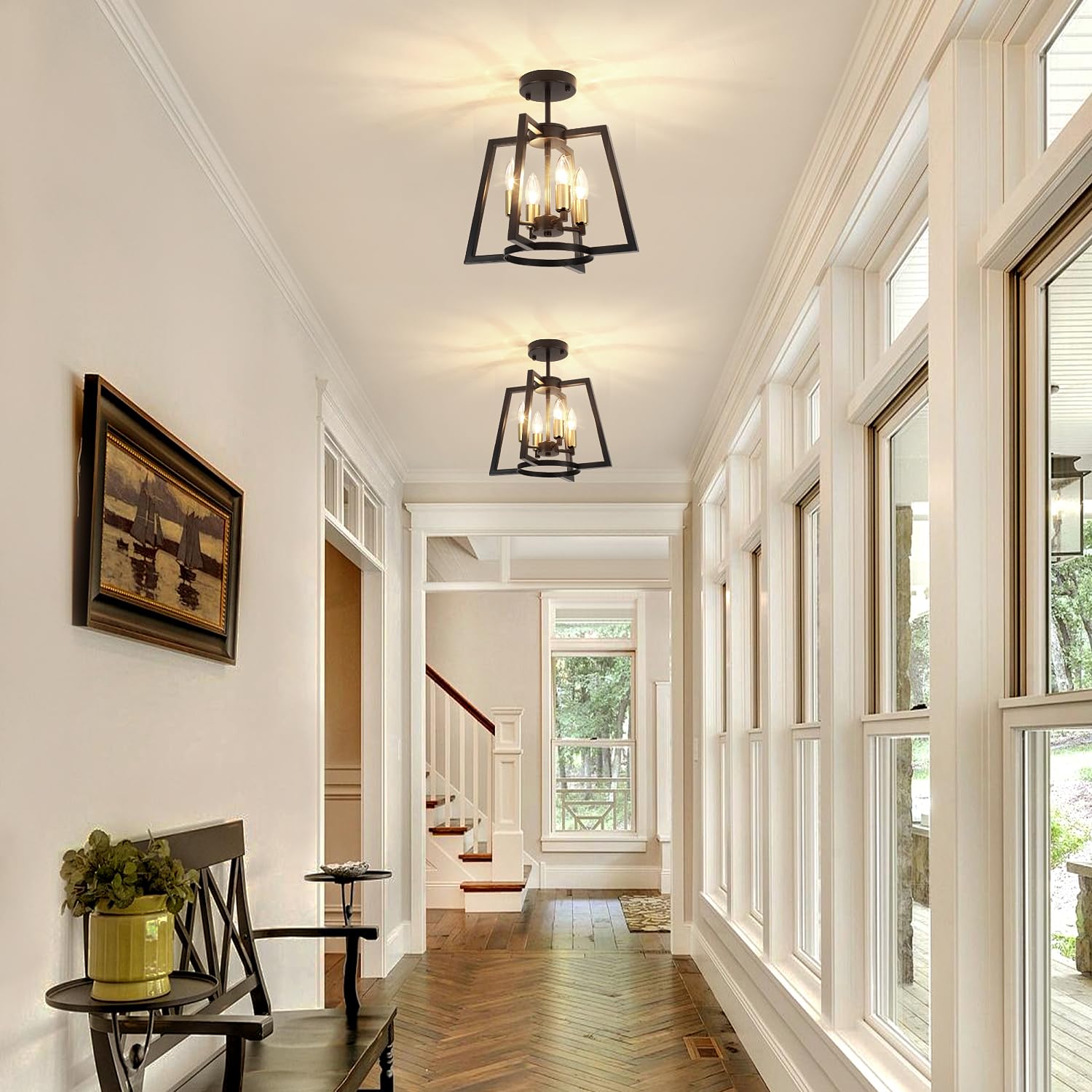 Toulmj 4-Light Ceiling Light Fixture, Farmhouse Semi-Flush Mount Ceiling Lighting, Black Gold Kitchen Light Fixture For Foyer, H