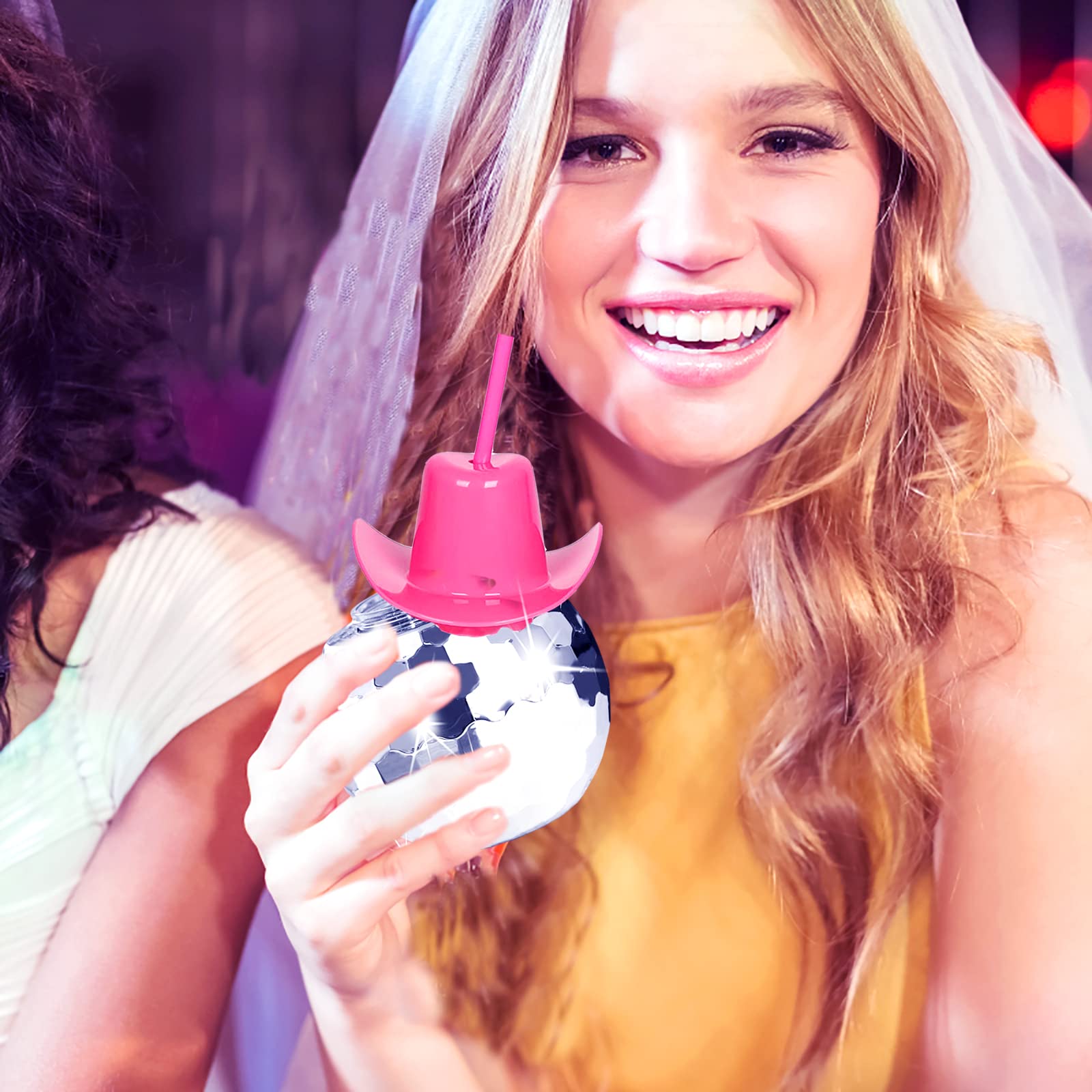 Tongnian Disco Ball Cups, 6 Pcs Silver Plastic Tumblers with Cowboy Hat Lid and Straw, RY-0069, Party Supplies