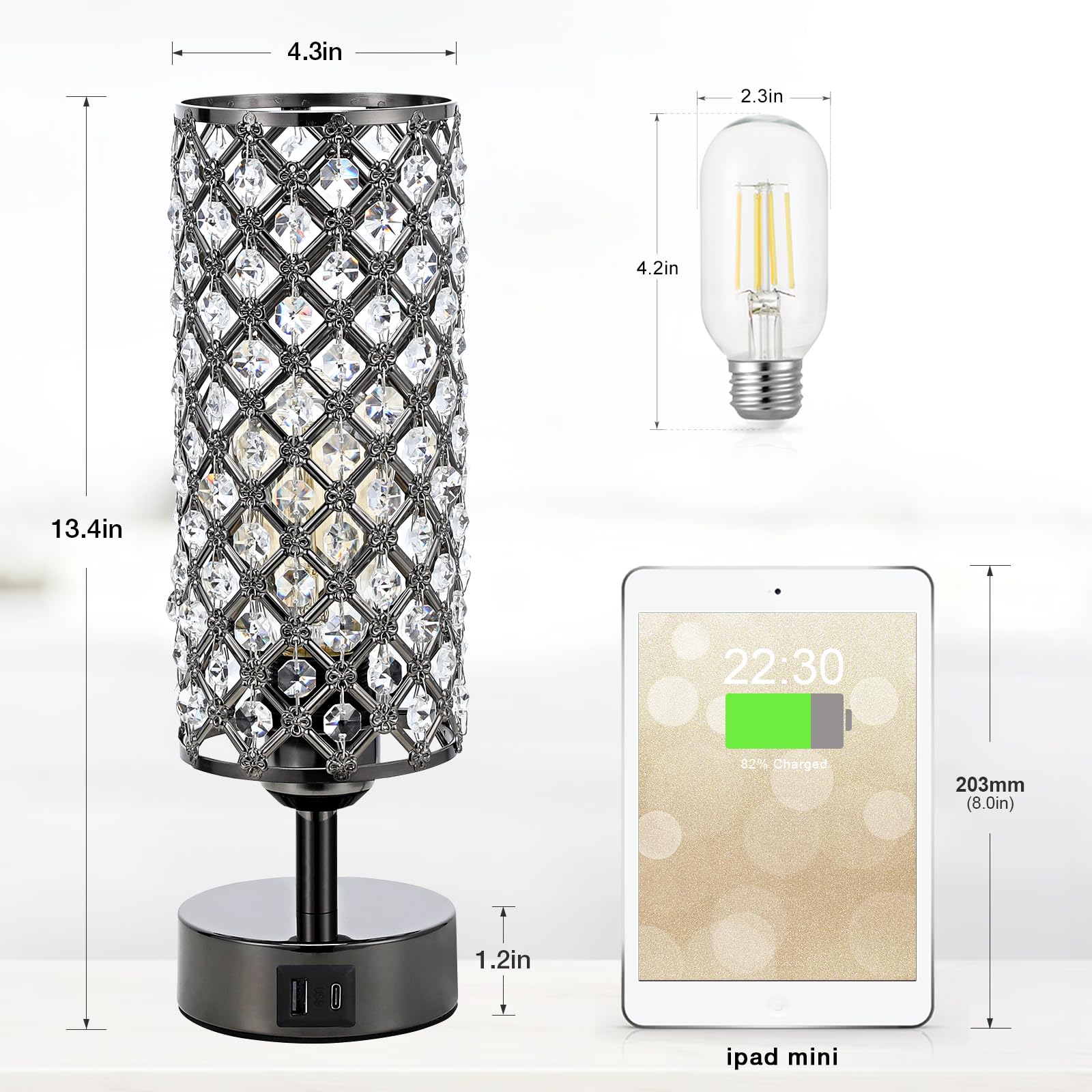 Hong-In Crystal Table Lamp, Black Crystal Lamp With Usb C+A Ports, 3 Way Dimmable Light With Crystal Lampshade, Bedside Lamp Sma