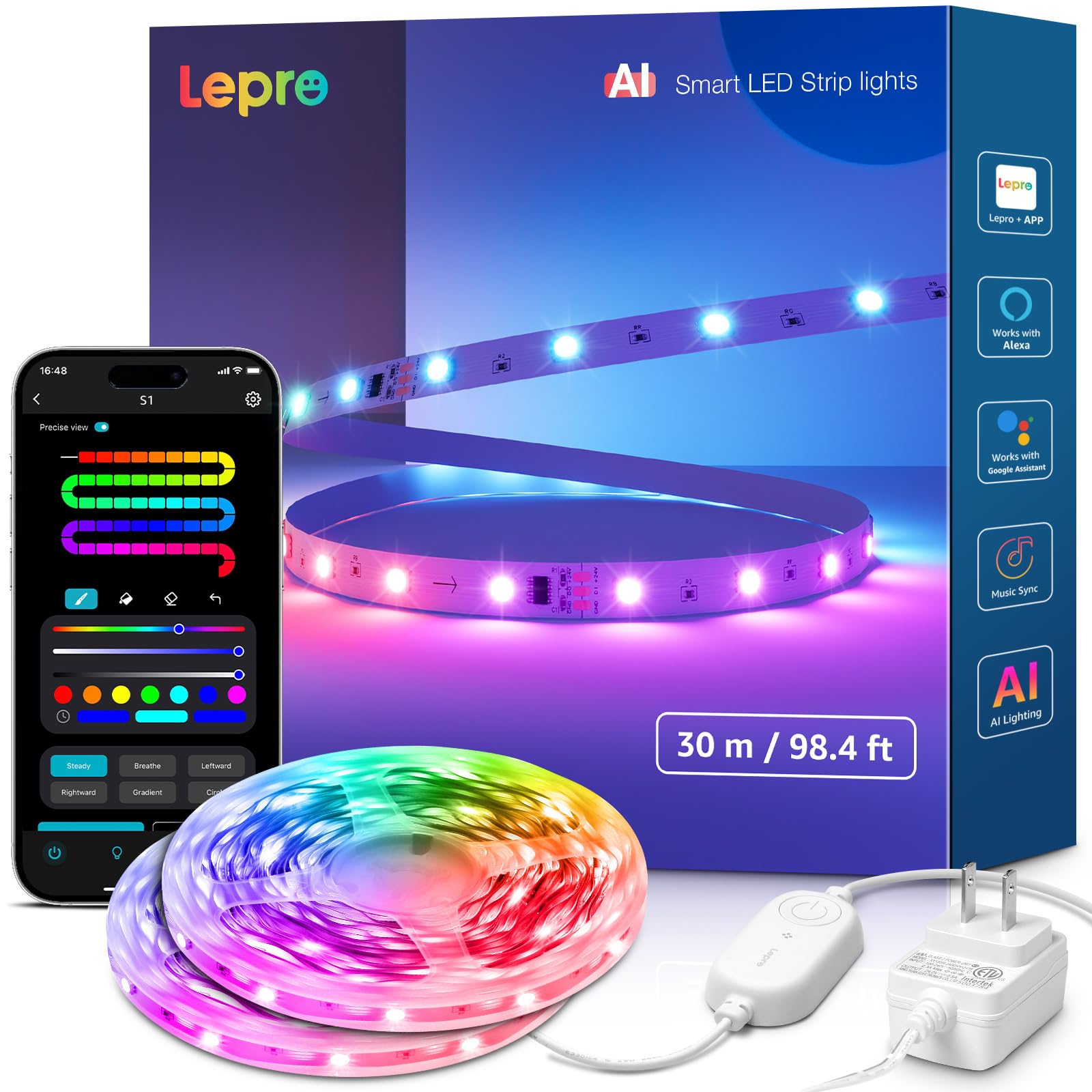Lepro S1 AI LED Strip Lights for Bedroom - 100ft(2 Rolls of 50ft) Smart RGB Light Strips with IC and Rainbow Chasing Effects, AI
