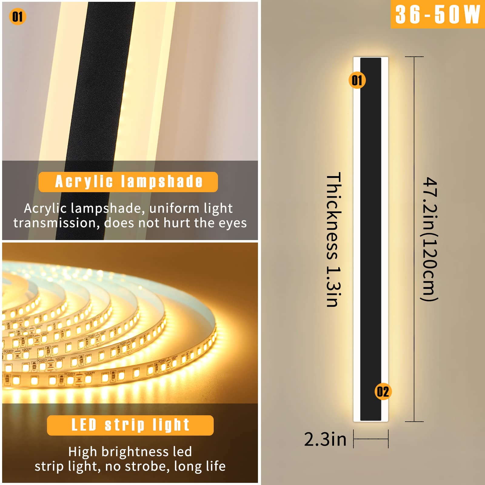 Modern 47Inch Outdoor Wall Light, 3000K Black Acrylic Exterior Lighting Fixtures Wall Mount, Ip65 Waterproof Modern Porch Lights Outdoor Wall Sconce, Led Long Outdoor Lights For House Hard-Wired