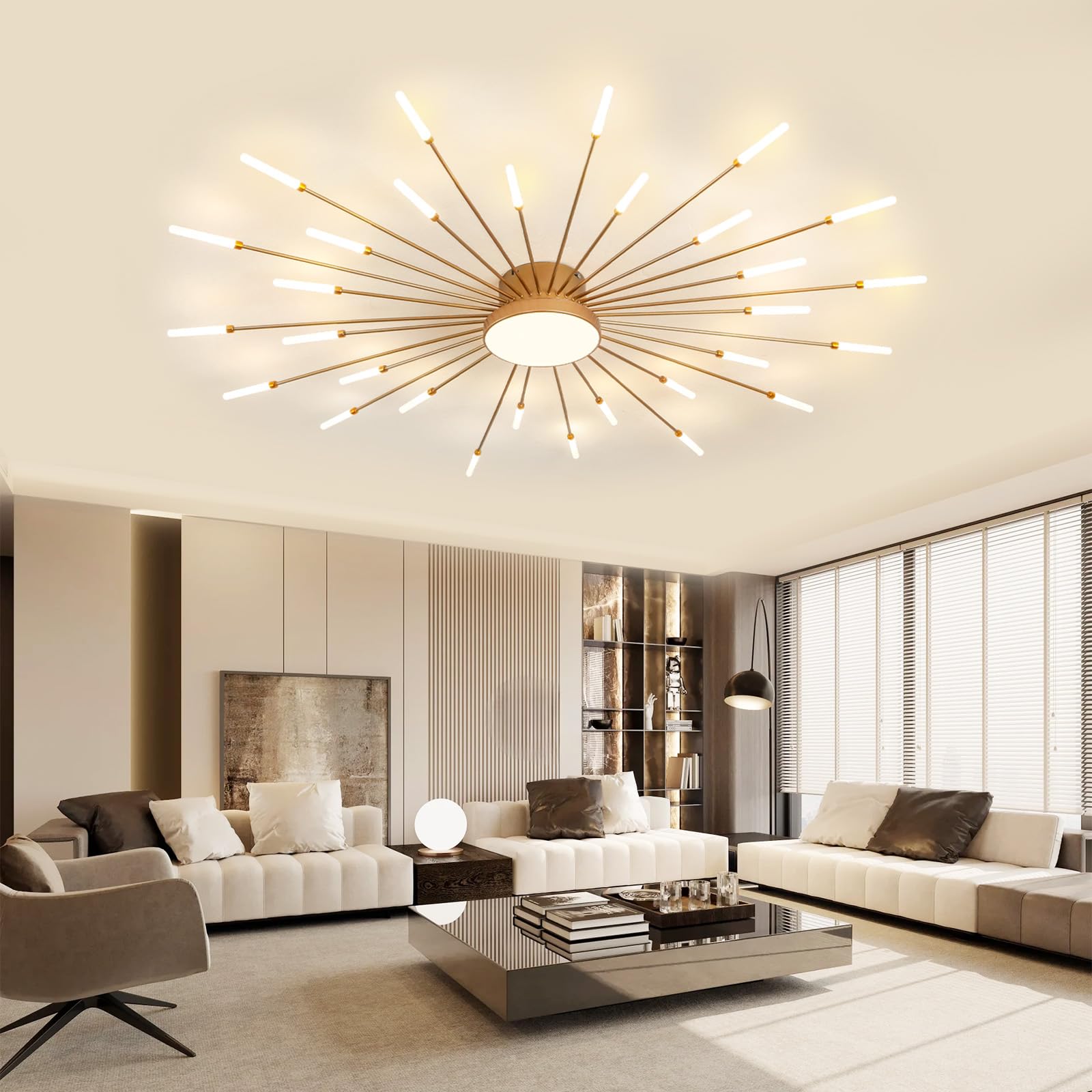 Ziidoo Modern Ceiling Light 30+1 Lights Metal Firework Designed Chic Led Lighting Fixture For Farmhouse Kitchen Dining Room Bedroom Hallway Living Room (Gold And Dark Gold)