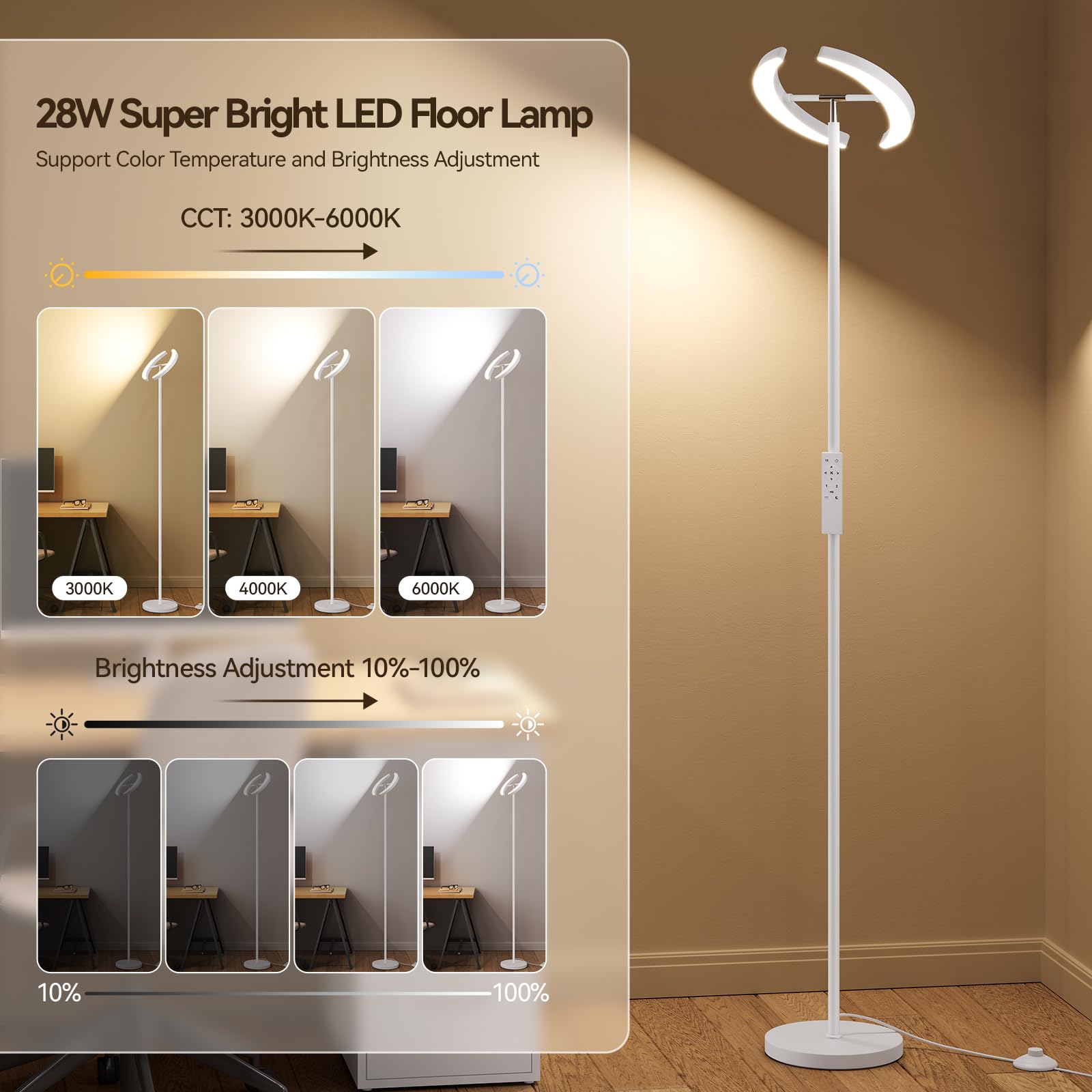SUNMORY LED Floor Lamp with Remote, 28W, 1600LM, 74in Dimmable Tall Standing Lamp, Modern Iron Design, White, Model FLD-032-XO