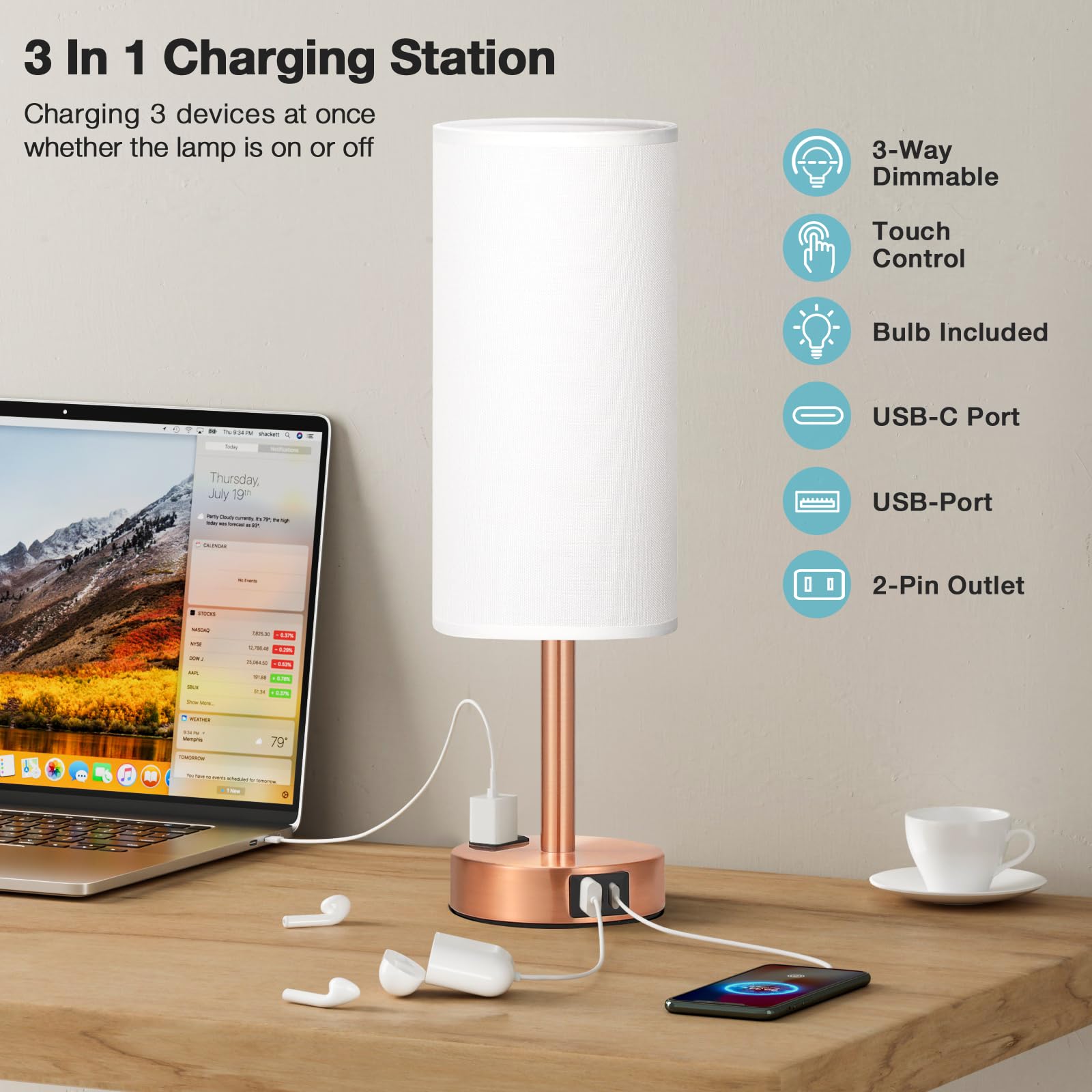 Fenmzee Bronze Nightstand Bedroom Lamp - 3 Way Dimmable Bedside Lamp Usb C A Charging Ports And Ac Outlet, Small Table Lamp Whit