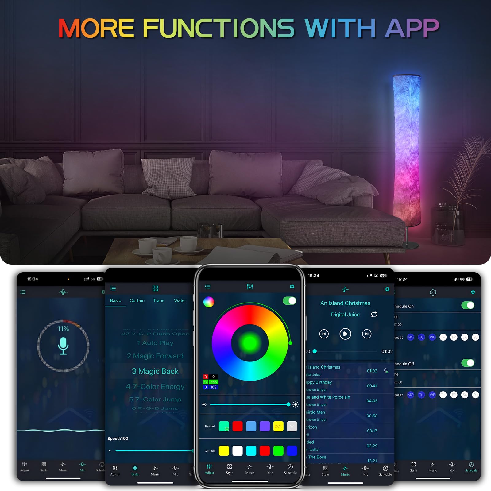 Torchlet RGB Color Changing Floor Lamp, Smart Alexa Control, Fabric Shade, Round Design for Living Room & Bedroom