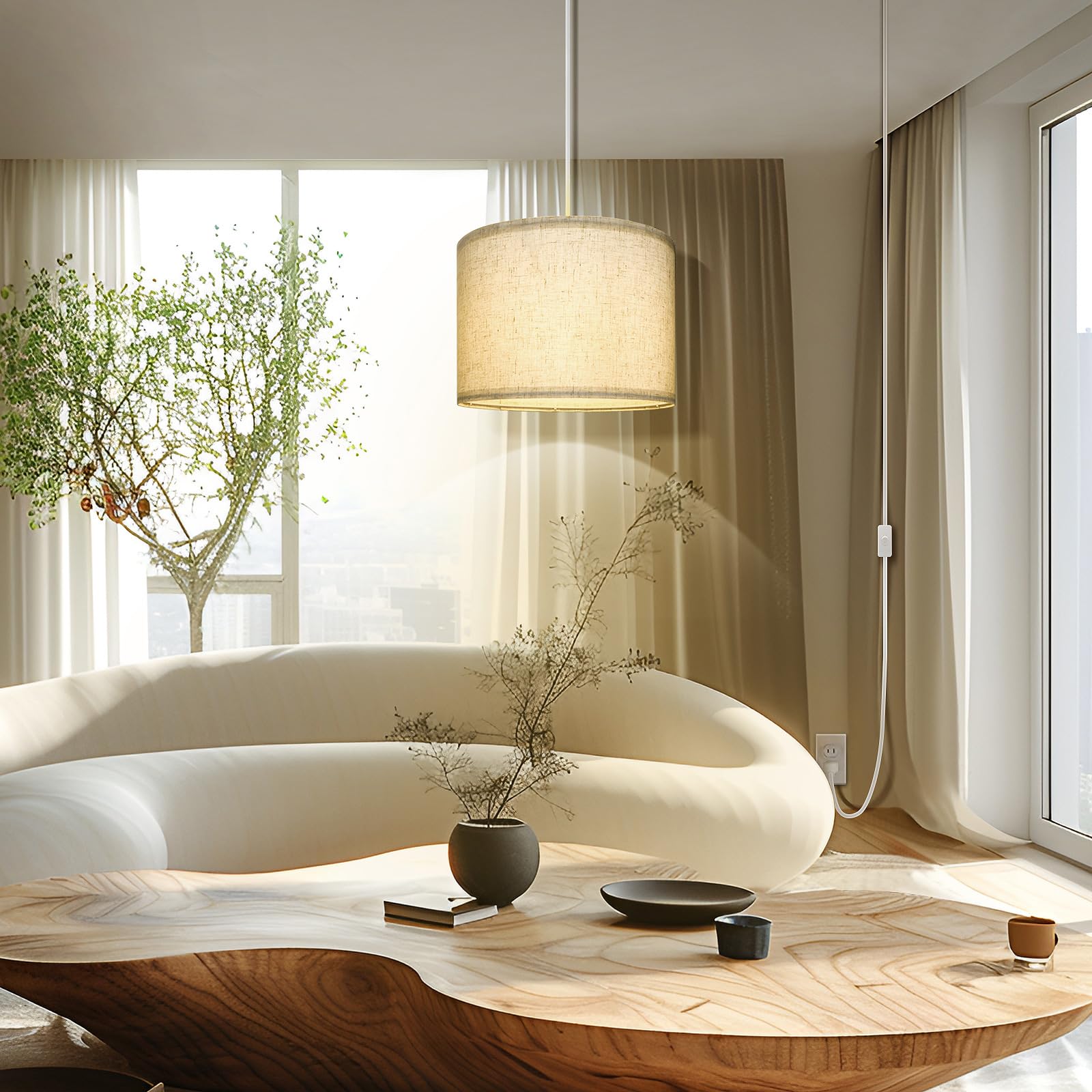 Wimisom Plug In Pendant Light,15 Ft Hanging Lamp With Plug In Cord, On/Off Switch, Beige Linen Shade, Hanging Light Fixture For