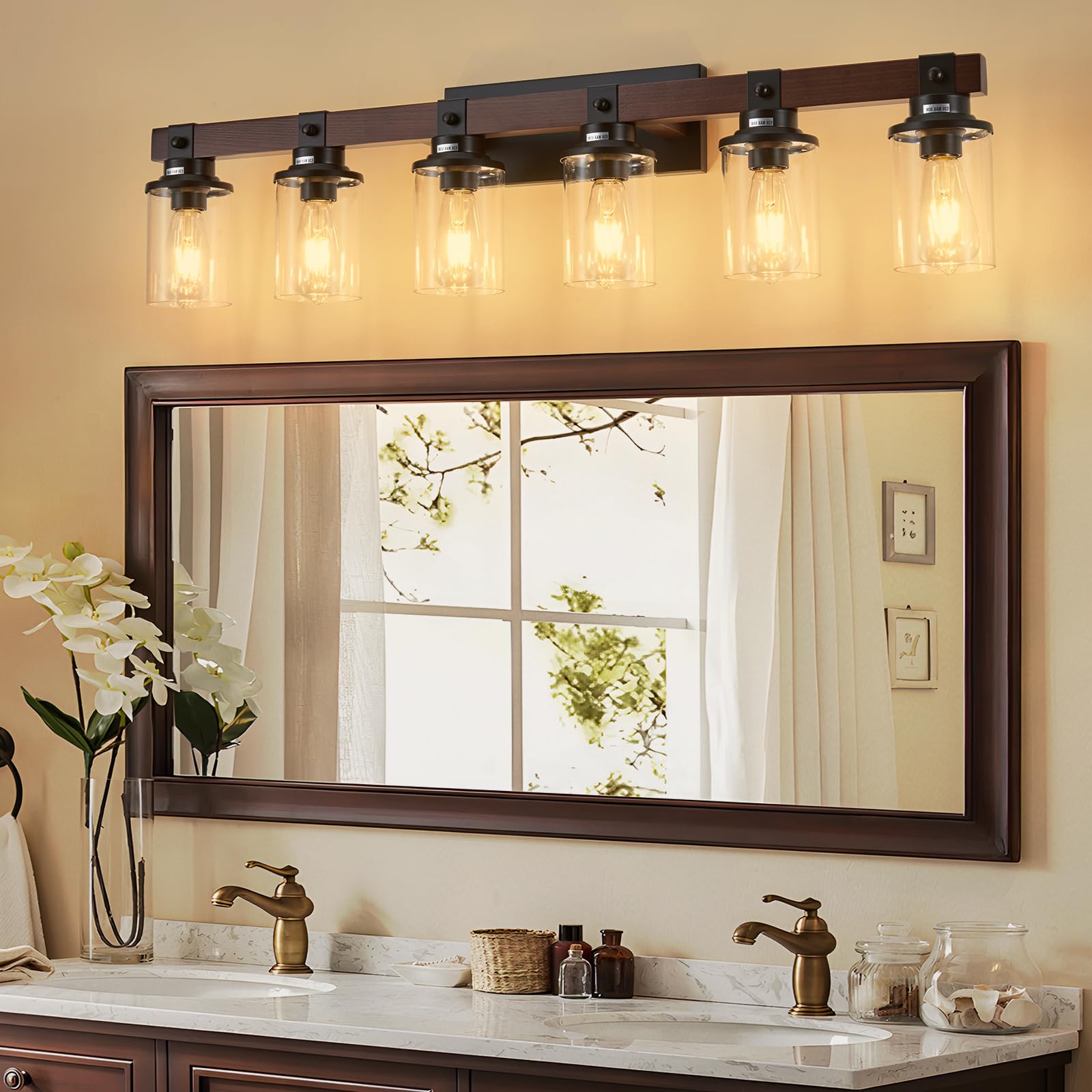 Aixialin 6-Light Farmhouse Vanity Light Fixture, Industrial Metal & Wood Sconce, Black & Wooden, Model 600-100-1093