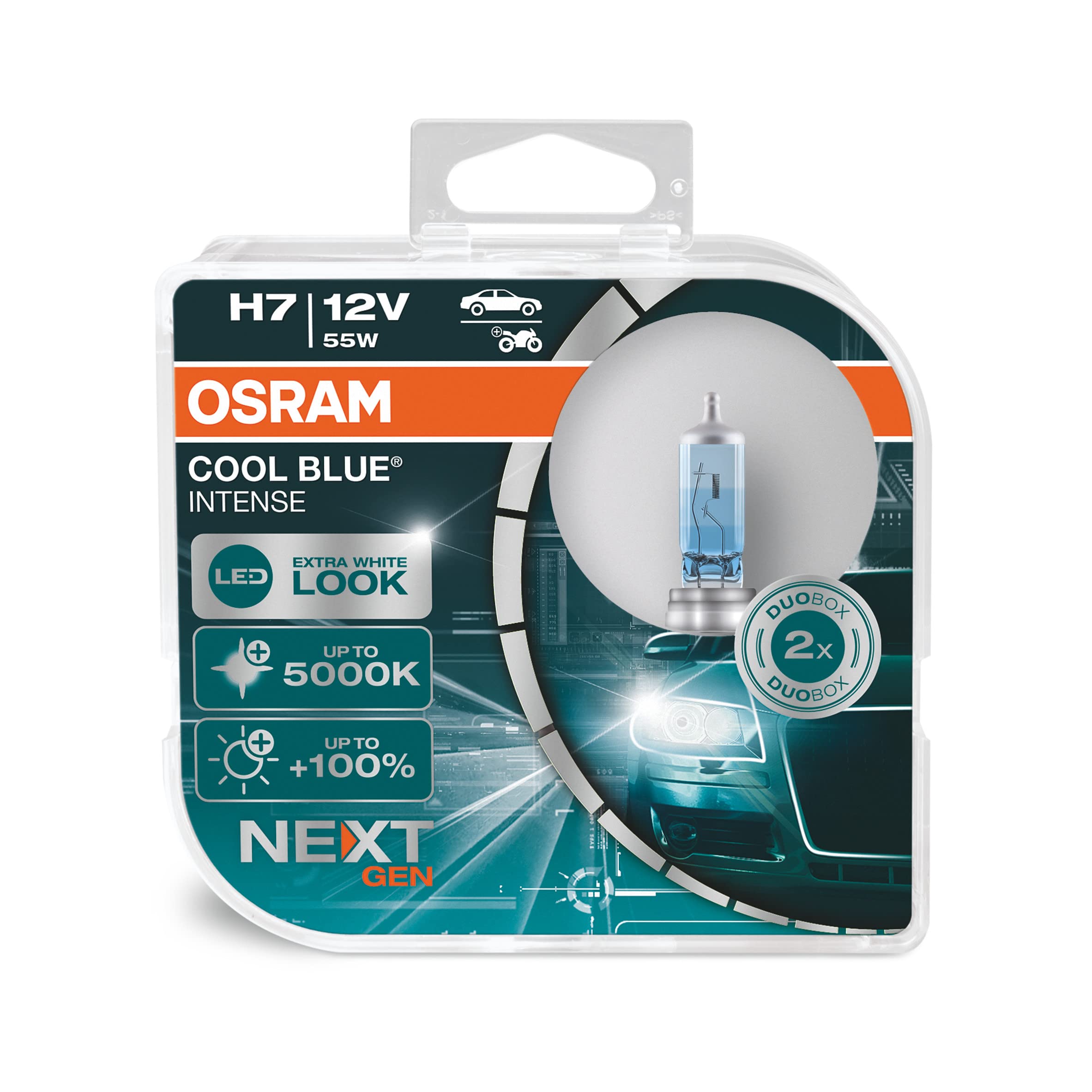 OSRAM H7 Halogen Headlight Lamp - COOL BLUE INTENSE, +100% Brightness, 5000K, Glass, Duo Box (2pcs), Model 64210CBN-H