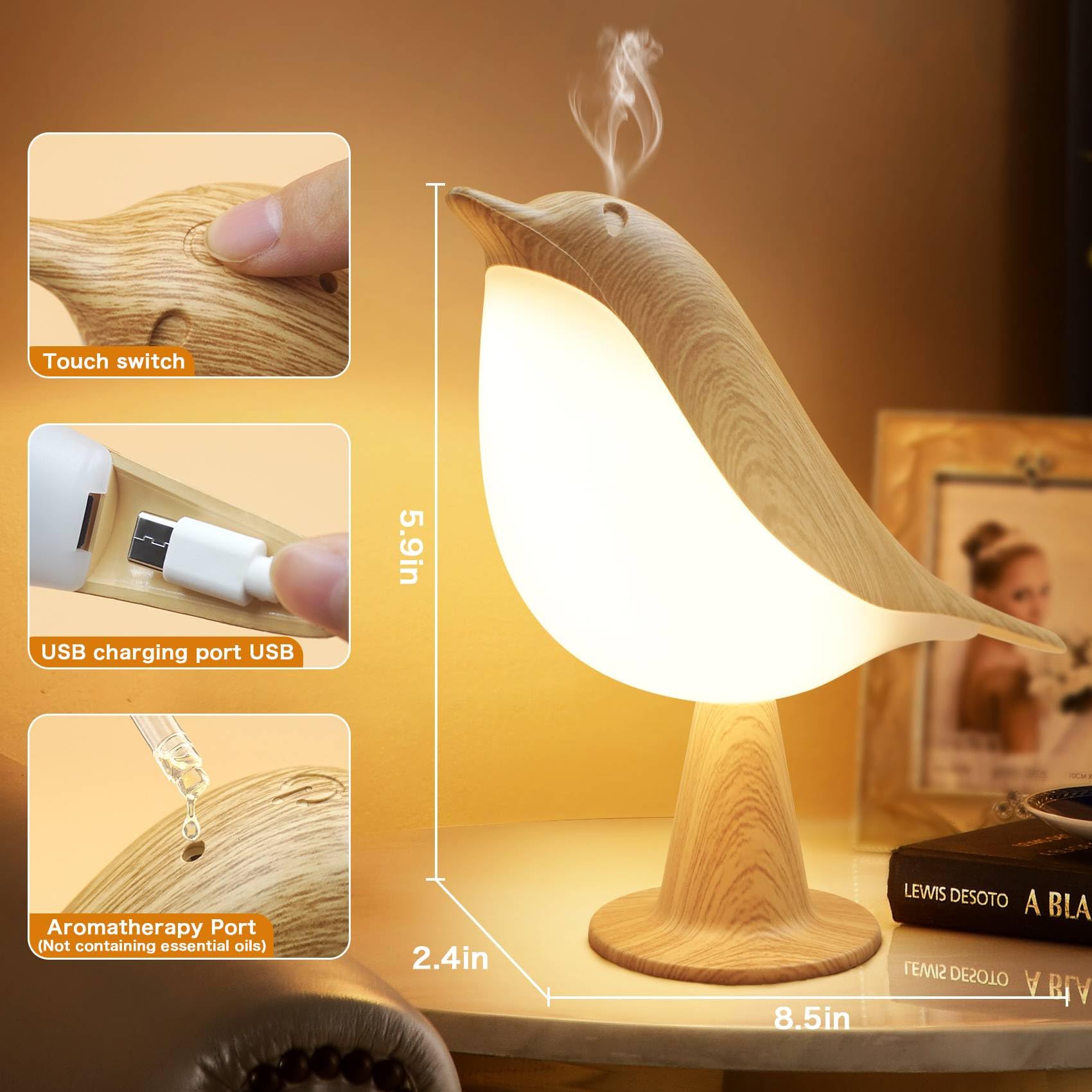 Vvin 2 In 1 Small Desk Lamp, Bird Cordless Table Lamp With 3 Color Temperature Dimmer And Touch Sensor - Rechargeable Battery Ni