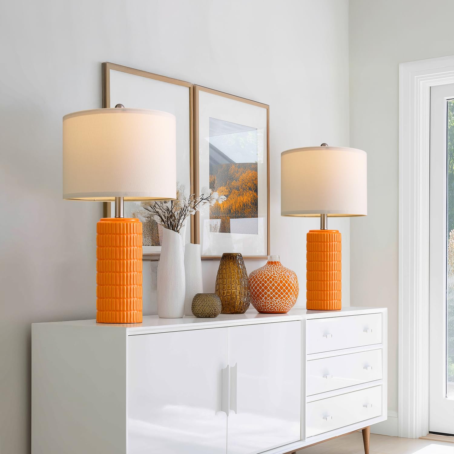 PoKat Ceramic Table Lamps Set of 2, 23in Orange, Modern Design for Living Room and Bedroom, Model AMZ-T1102AC
