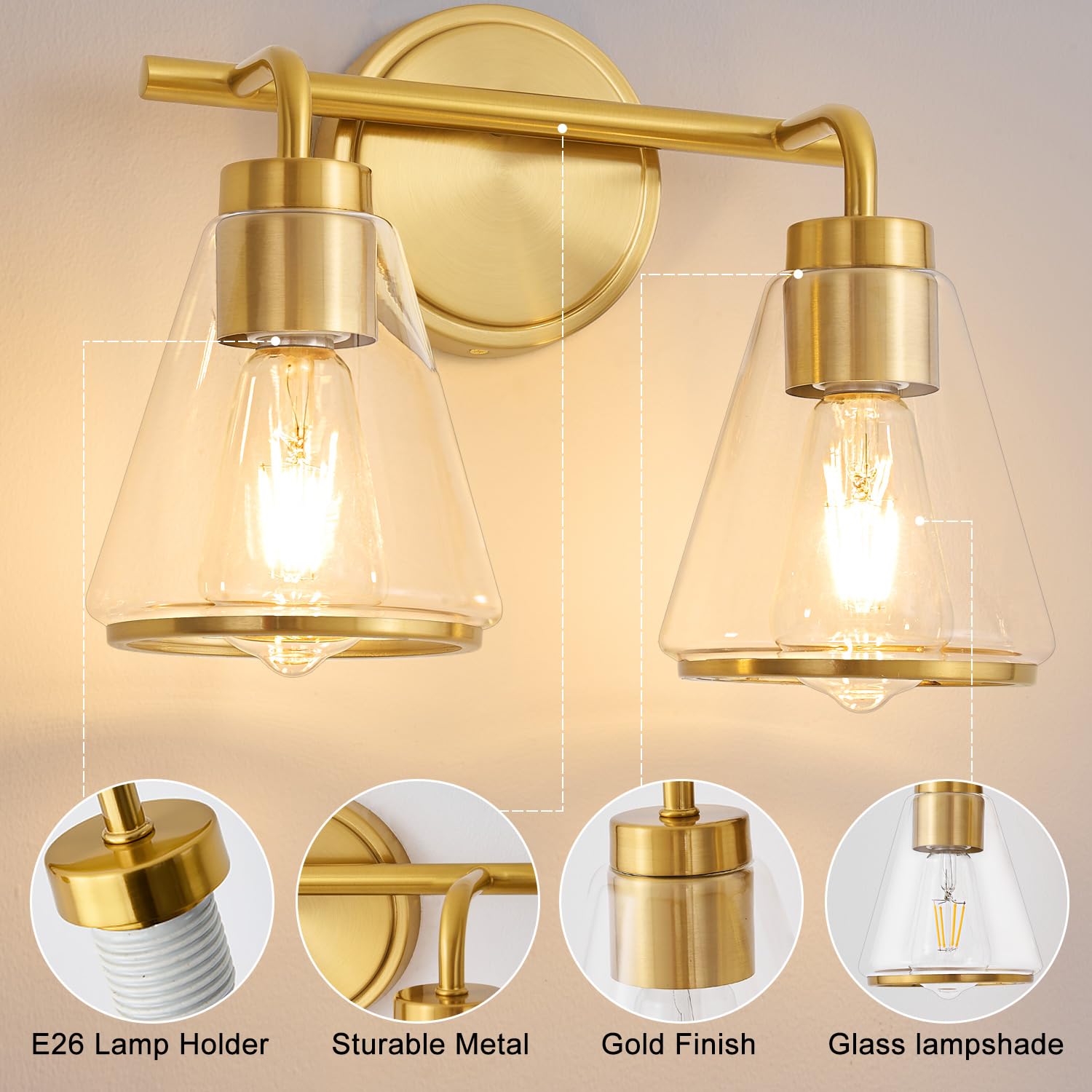 Nadosa Bathroom Light Fixtures Over Mirror Gold Vanity Light 2-Lights With Clear Glass Shade 14 Inch Modern Wall Sconces Bath Light
