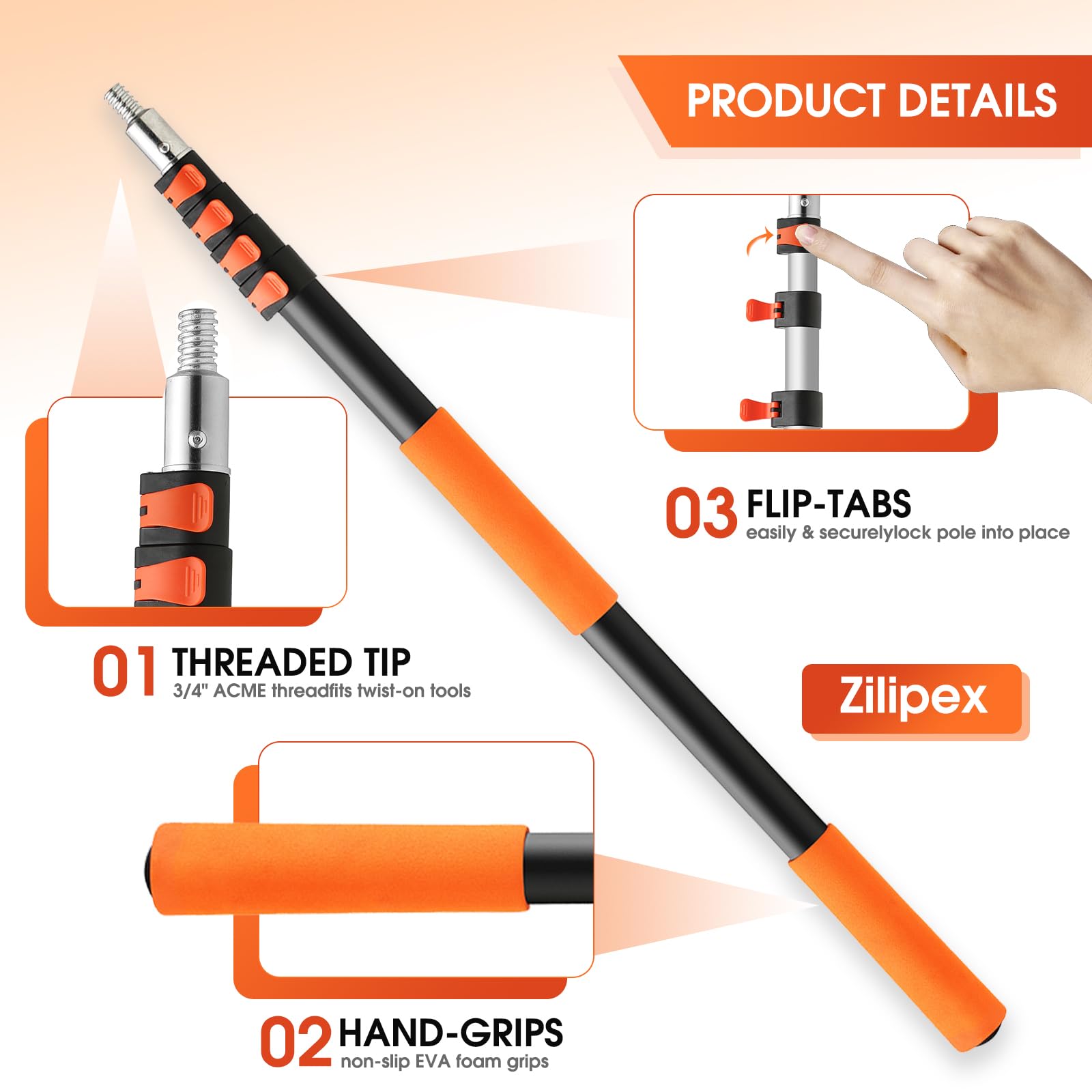Zilipex Light Bulb Changer - 20ft Telescopic Extension Pole Tool, Aluminum, Black, 3-12ft with Baskets and Suction Cup