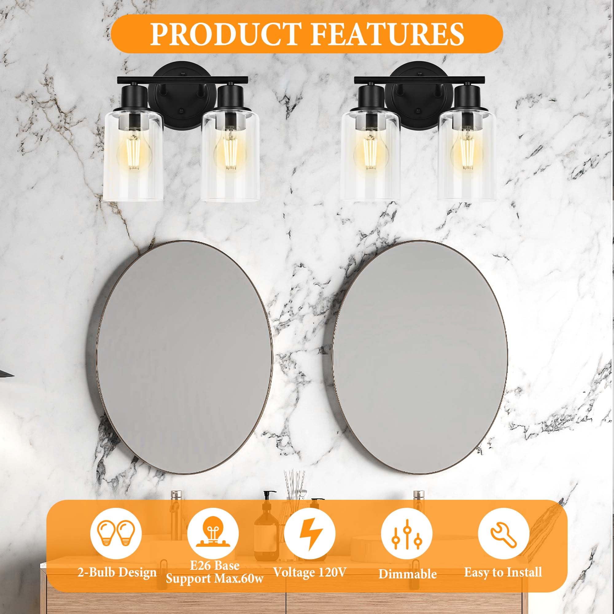 Faymart 2-Light Bathroom Vanity Light Fixture, Black Glass & Metal, Model 748327905263
