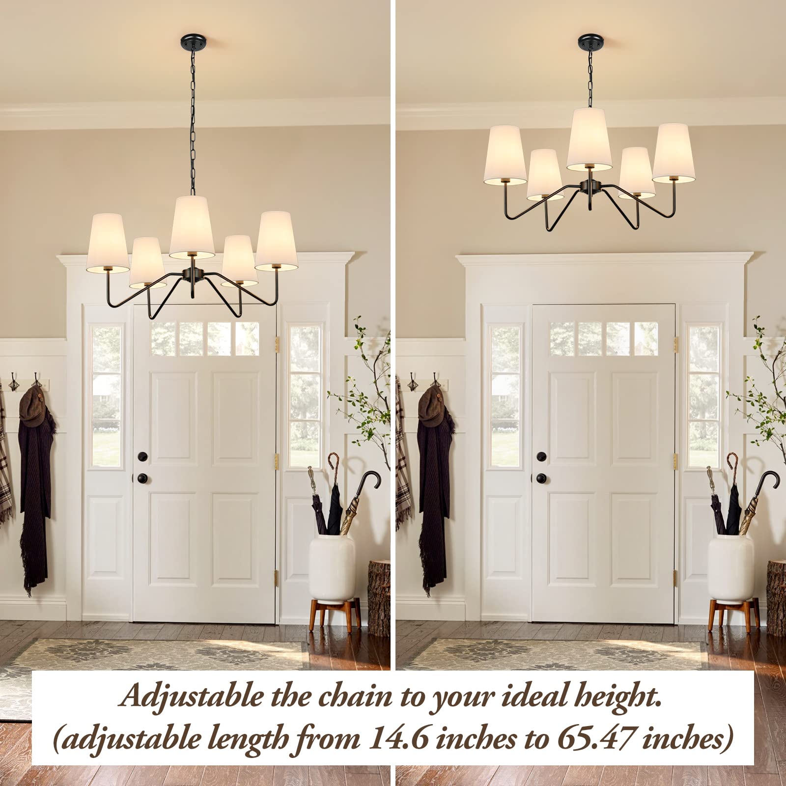 Bosceos 5-Light Modern Chandelier, Black & White Metal Pendant Ceiling Light, Adjustable Height, Model JP21709.5BK for Dining Room & Living Room