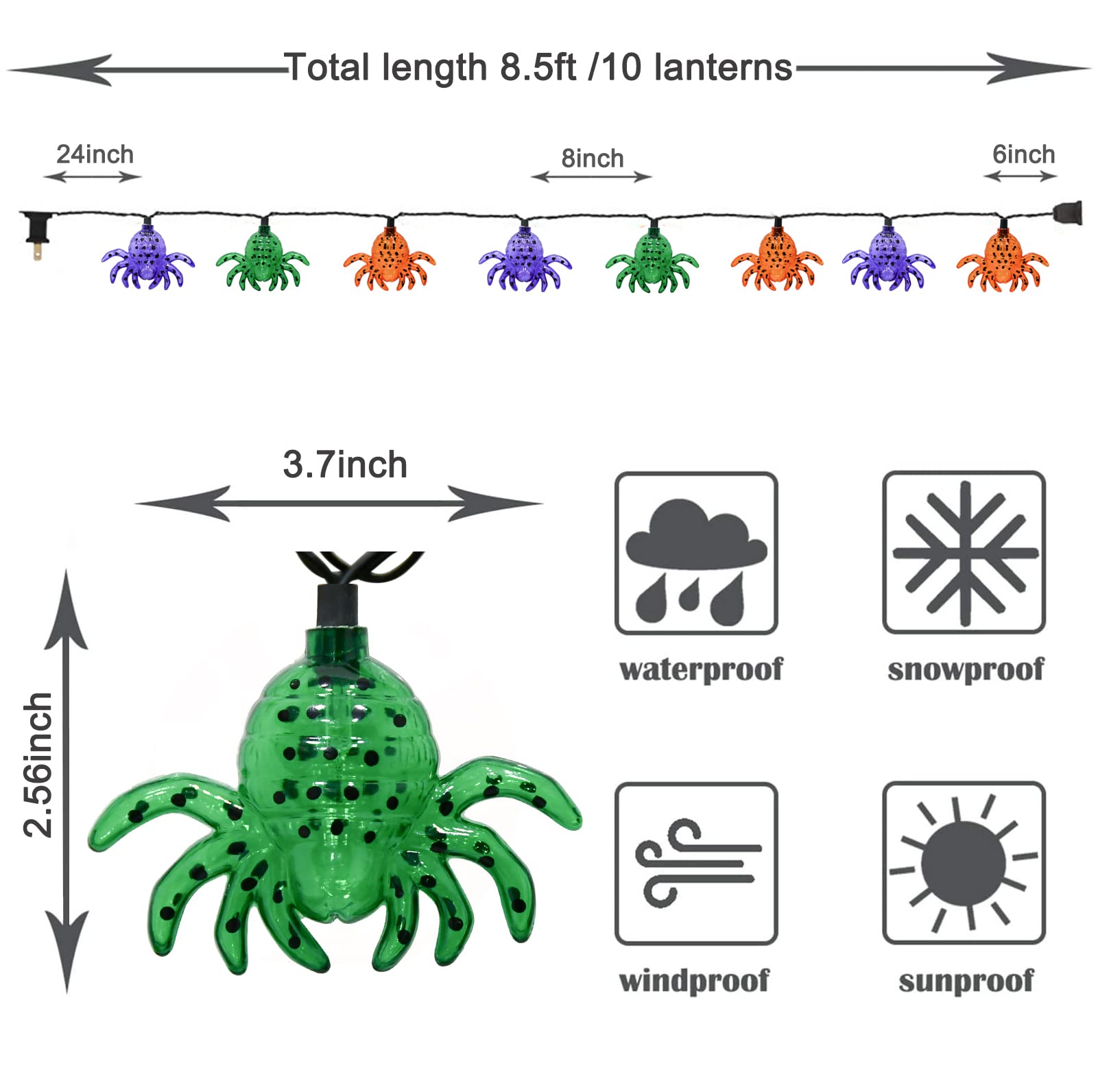 Oviejo Halloween Multicolor Spider String Lights, 8.5Ft Halloween String Lights With 10 Spider Lights, Spider Halloween Decor Lights For Patio, Garden, Gate, Yard, Halloween Decoration