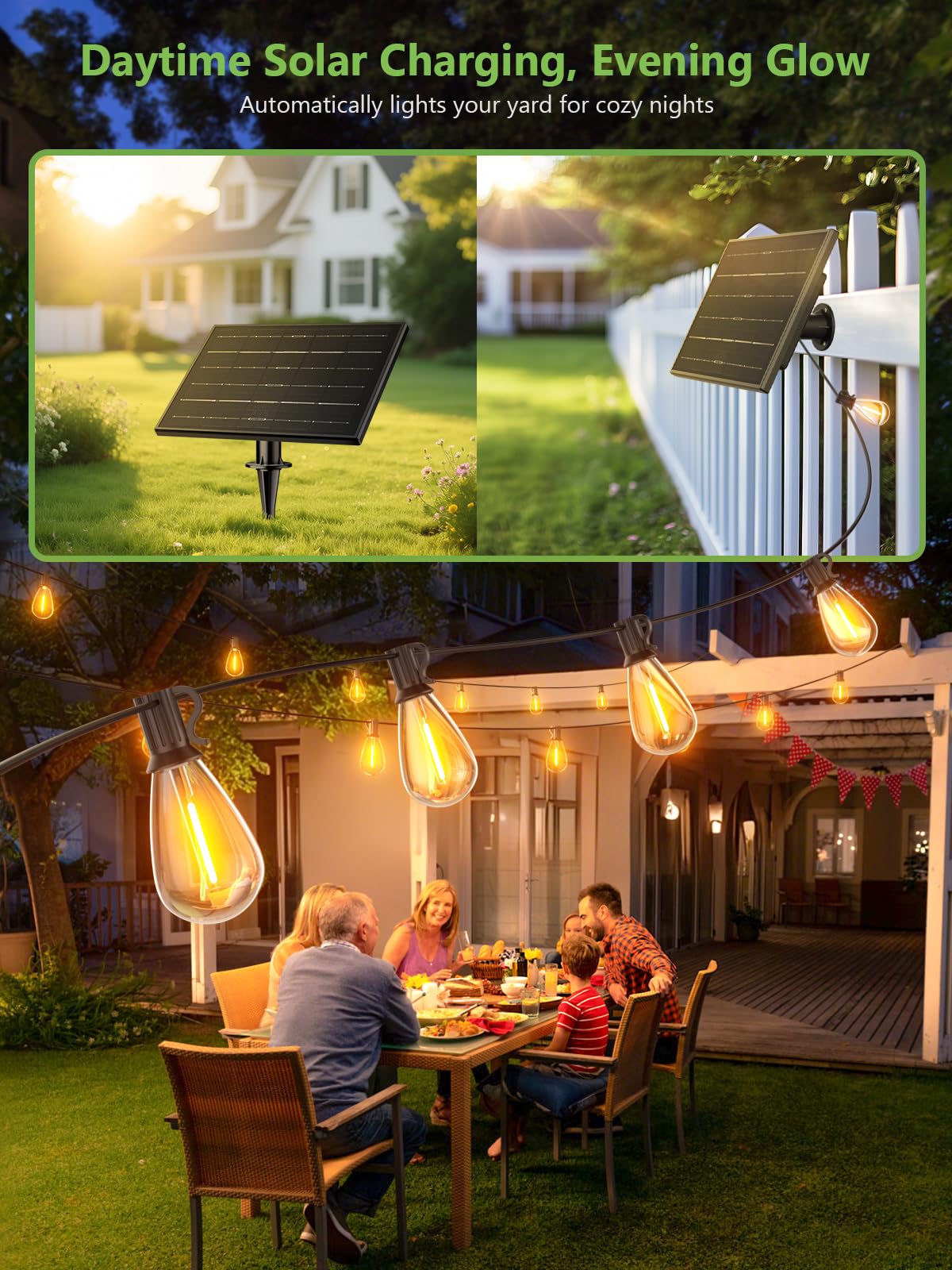 luckystyle Solar String Lights 100FT Waterproof 2200K with Remote, 36+2 LED Bulbs, Dimmable, 3 Light Modes, Shatterproof, Warm Yellow