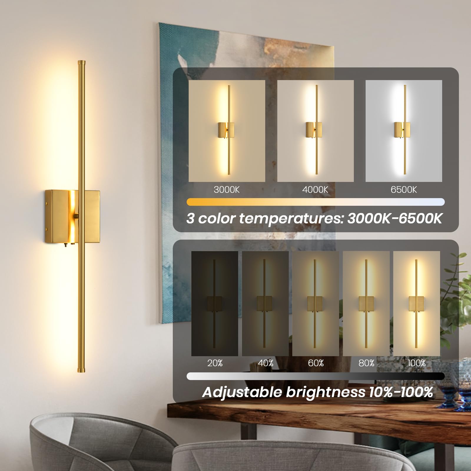 Rechargeable Battery Operated Wall Sconces, 11000Mah Wireless Brushed Gold Wall Lights With Remote Control, 350Rotate Dimmable W