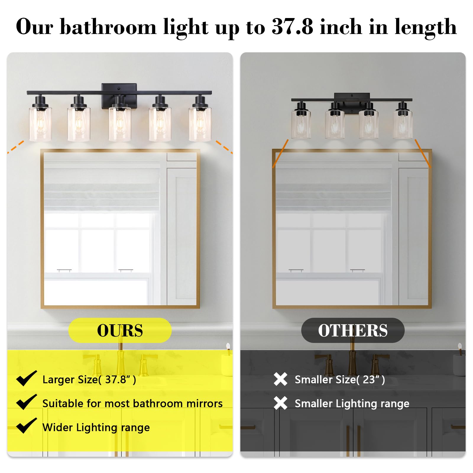 Ascher 5-Light 37.8'' Wall Sconces, Modern Vanity Light Fixture With Clear Glass Shade, Black Finish Wall Light For Mirror Bedro