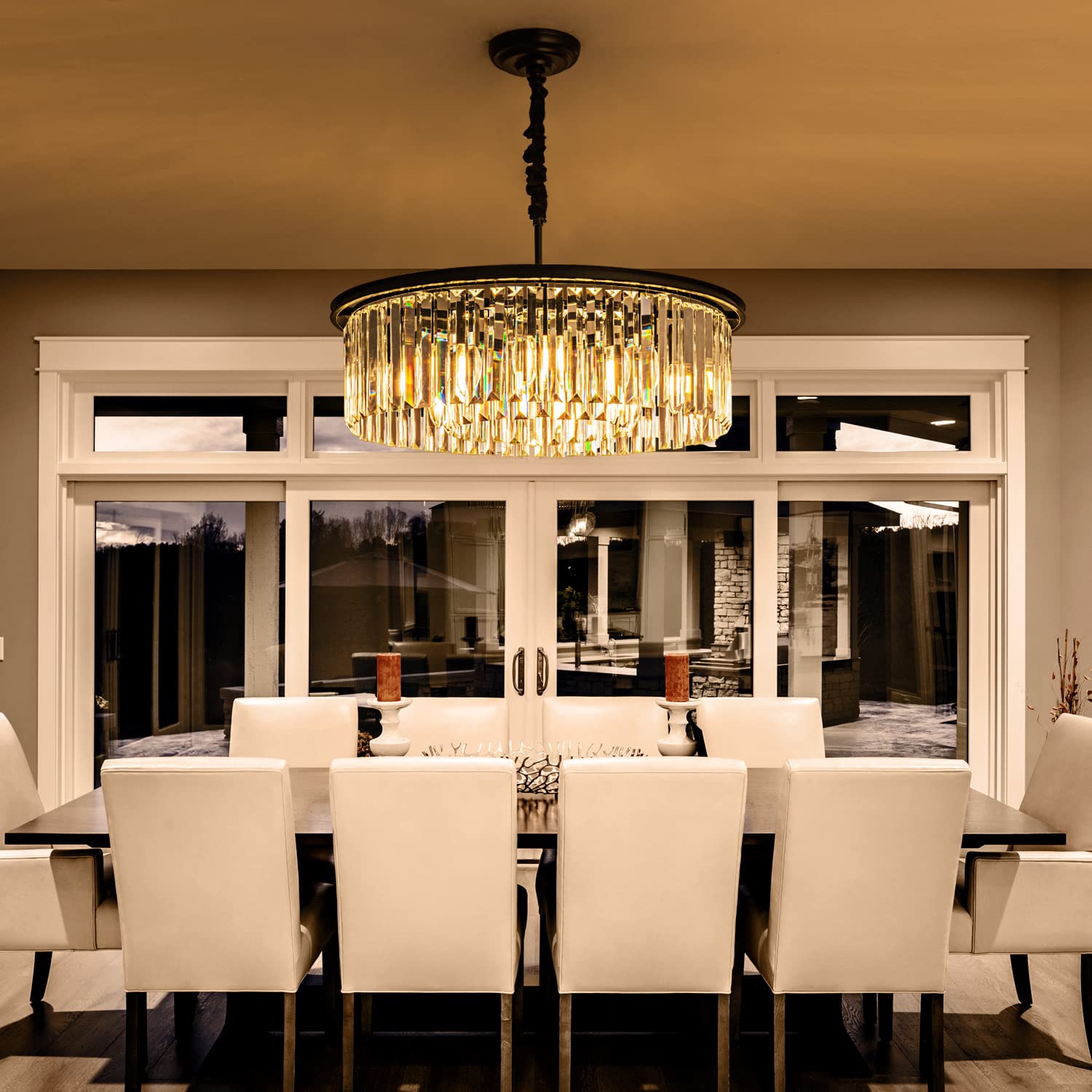 lighceac 23" 8-Light Modern Crystal Chandelier - Black Metal 2-Rings Pendant Lighting for Dining Room, Living Room, Kitchen, Bedroom
