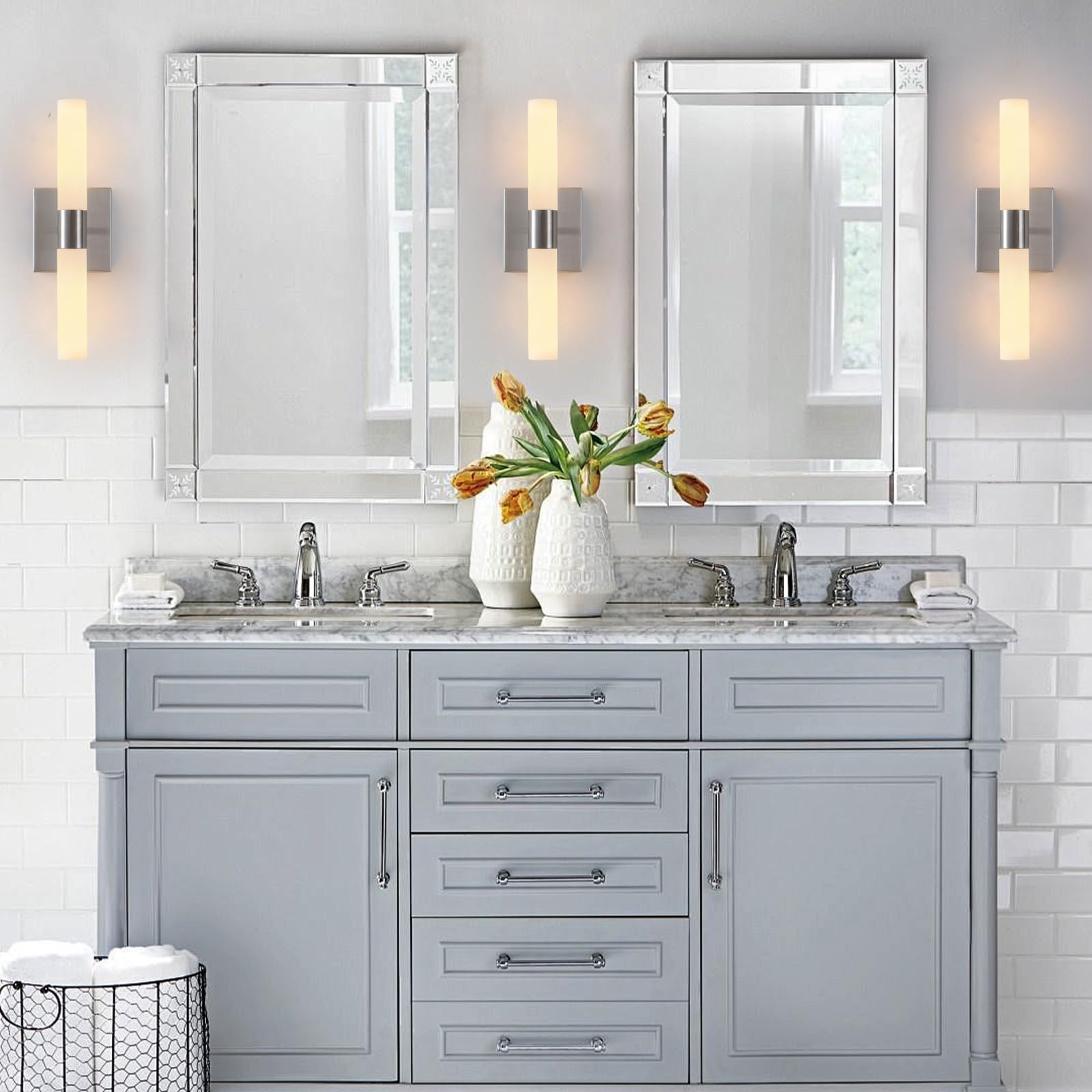 KUZZULL Wall Sconces Set of Two Brushed Nickel Bathroom Sconces Wall Decor Set of 2 Modern Wall Light Fixtures Metal Sconces Wal