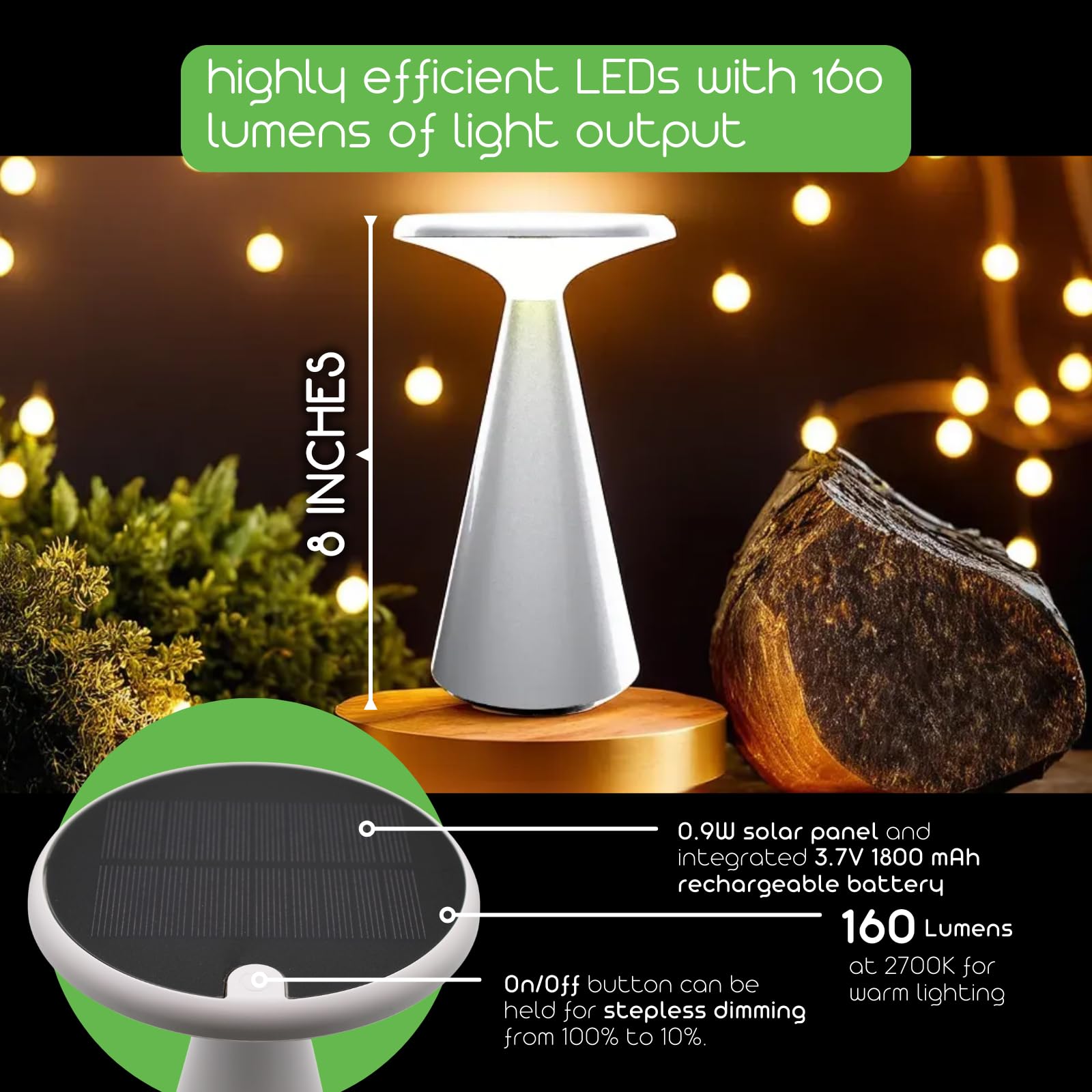 VerLuce Portable Solar LED Mushroom Table Lamp - 1.6W, 160 Lumens, 45 Hour Battery, IP44 Weather Resistant, White