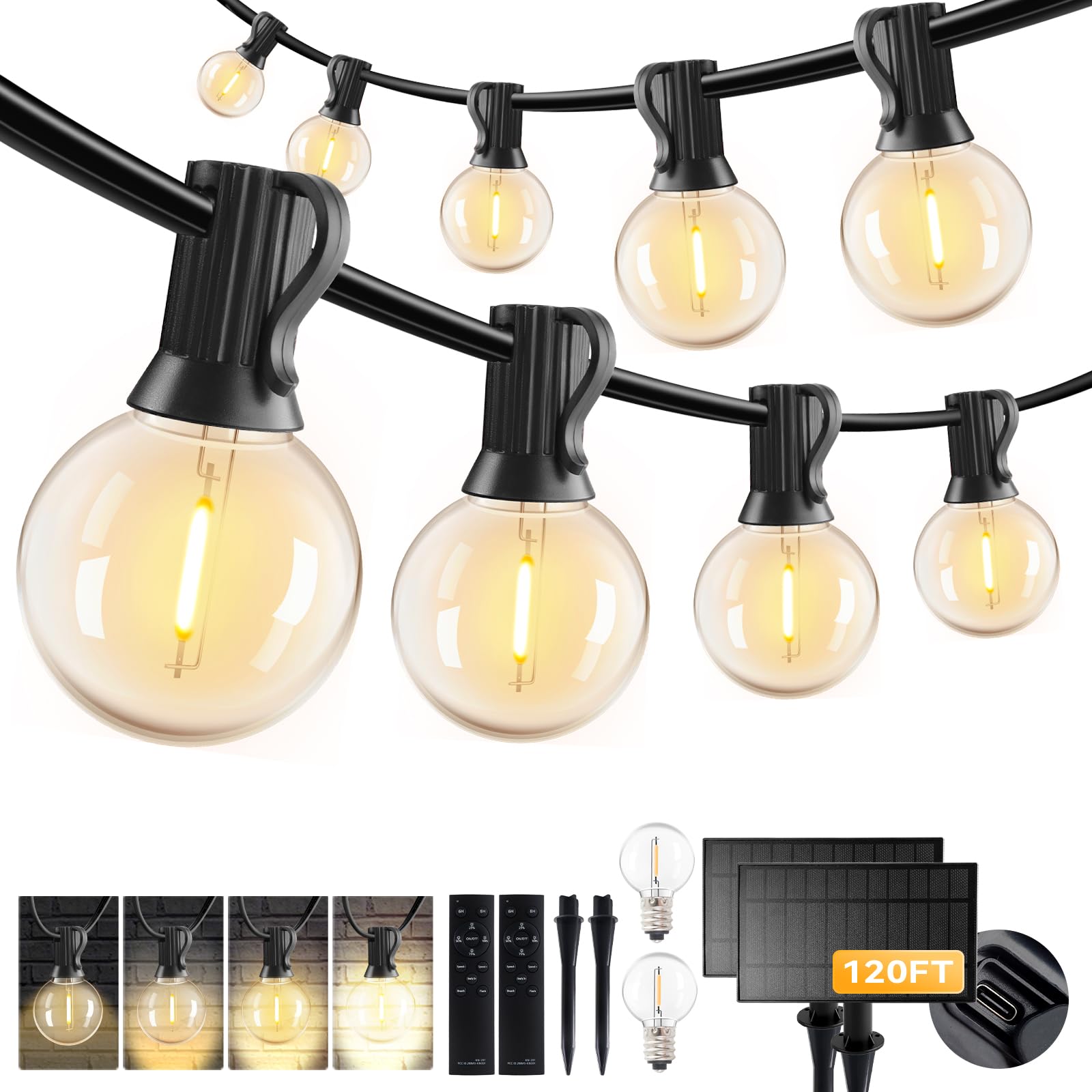 Hjq 120Ft(60X2) Solar String Lights Waterproof  Patio Lights Solar Powered With Remote & Usb Port  40+2 Led Shatterproof Bulbs  3 Modes  Dimmable Solar Lighting Hanging For Camping Backyard Garden