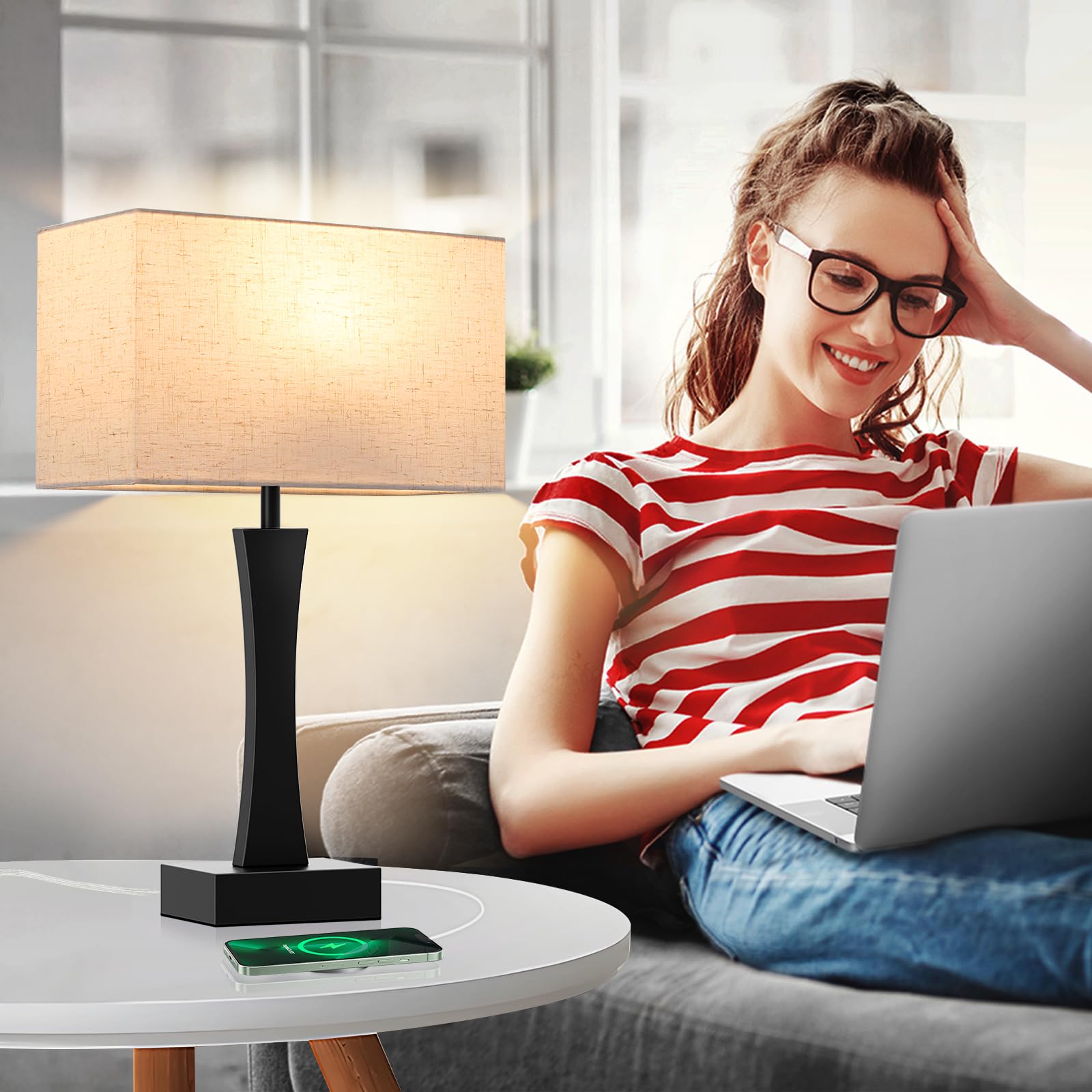 Seealle Bedside Lamps Set of 2 - 3 Way Dimmable, Metal, Cream & Black, Touch Control, USB C+A Ports, Model jinshumian3 3