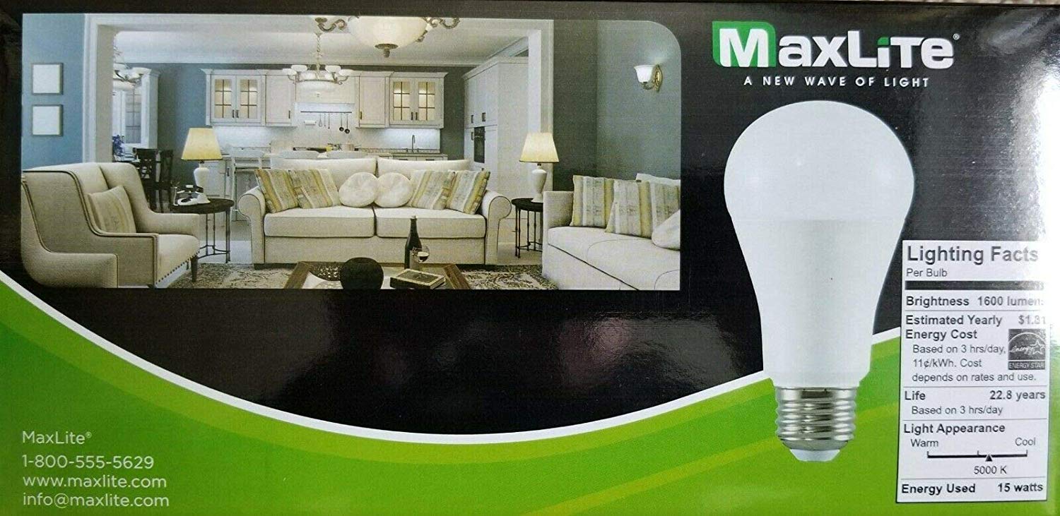 Maxlite LED Dimmable A19 Bulbs, 100W, Daylight 5000K, White, 4 Count Pack