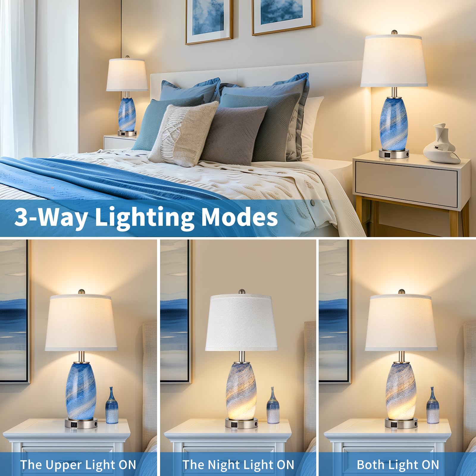 Blue Lamp For Bedroom & Bedside With 3-Way Lighting Modes & Usb C+A - Modern Style Glass Nightstand Table Lamp For Living Room & Bedroom Decoration (23.5 H)