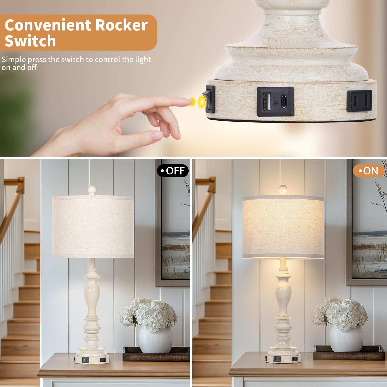 28'' Table Lamps With Usb C+A Ports & Ac Outlets, Farmhouse Rustic Table Lamps Set Of 2, Vintage End Table Nightstand Resin Beds