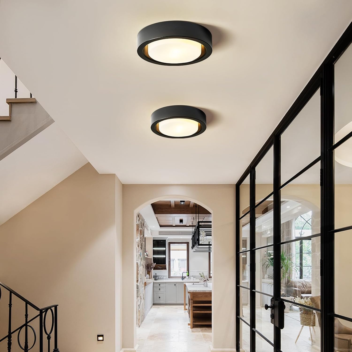 Cotulin Black Flush Mount Ceiling Light, 13 Matte Metal Fixture With White Frosted Glass Shade For Hallway, Bedroom, Outdoor