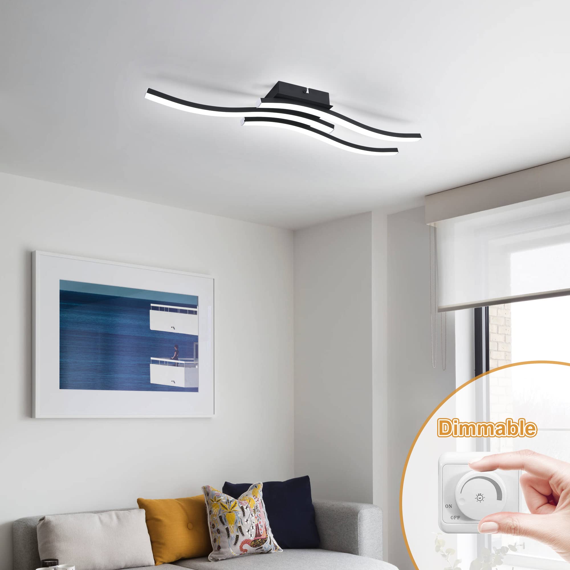EDISLIVE Modern Dimmable LED Ceiling Light, 3-Light, 22.5in, Black, Metal, 6000K, Model EDIS32458C