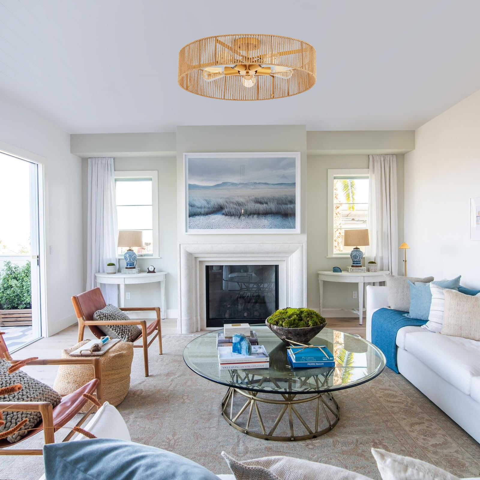 Mhytogn 24'' Natural Rattan Flush Mount Ceiling Light Fixture Antique Brass Brush Paint Finish Boho Chandelier For Porch Patio H