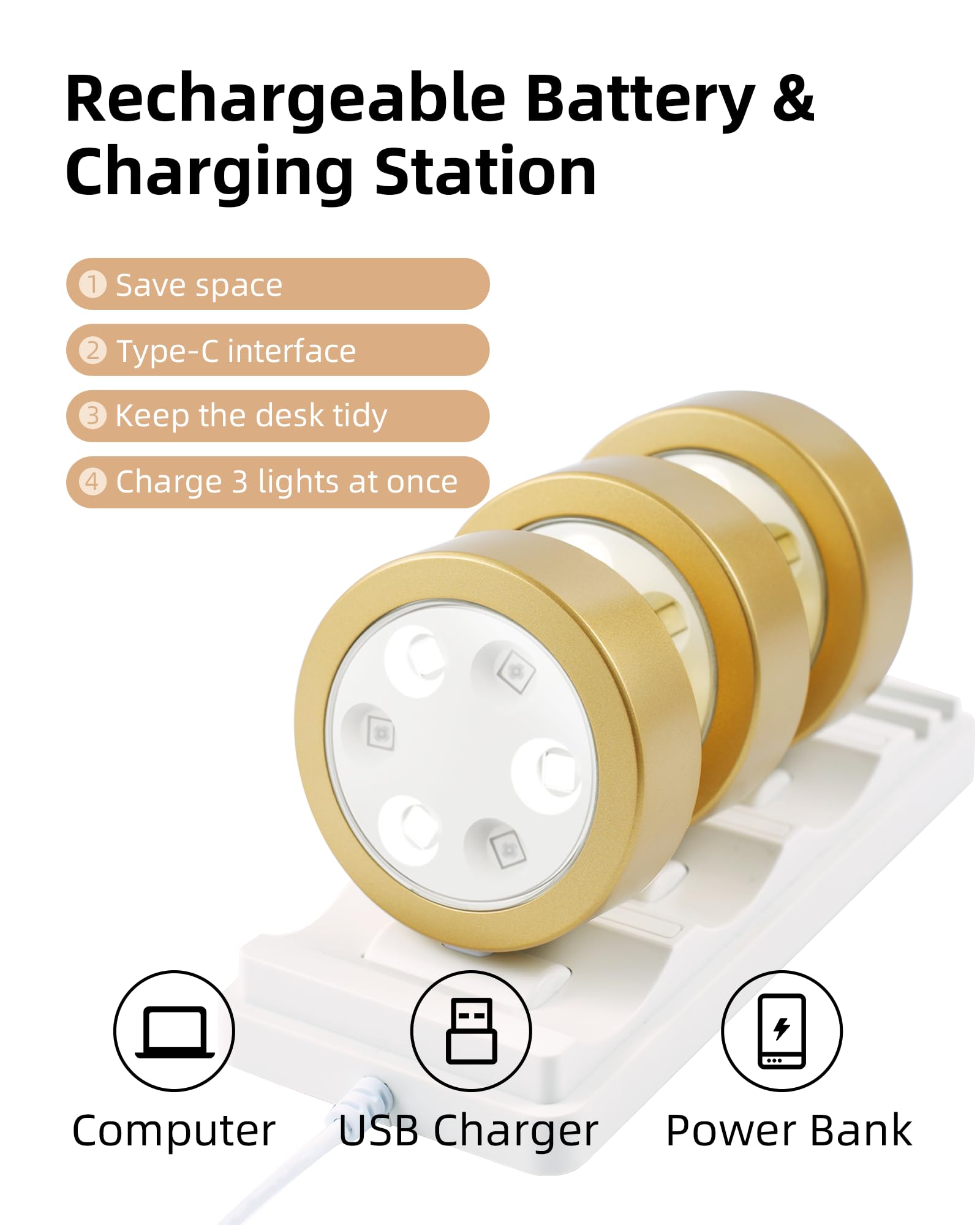 EZVALO Puck Lights with Charging Station, 2000mAh Rechargeable RGB LED, Wireless Under Cabinet Lighting, 6 Pack, Gold Finish
