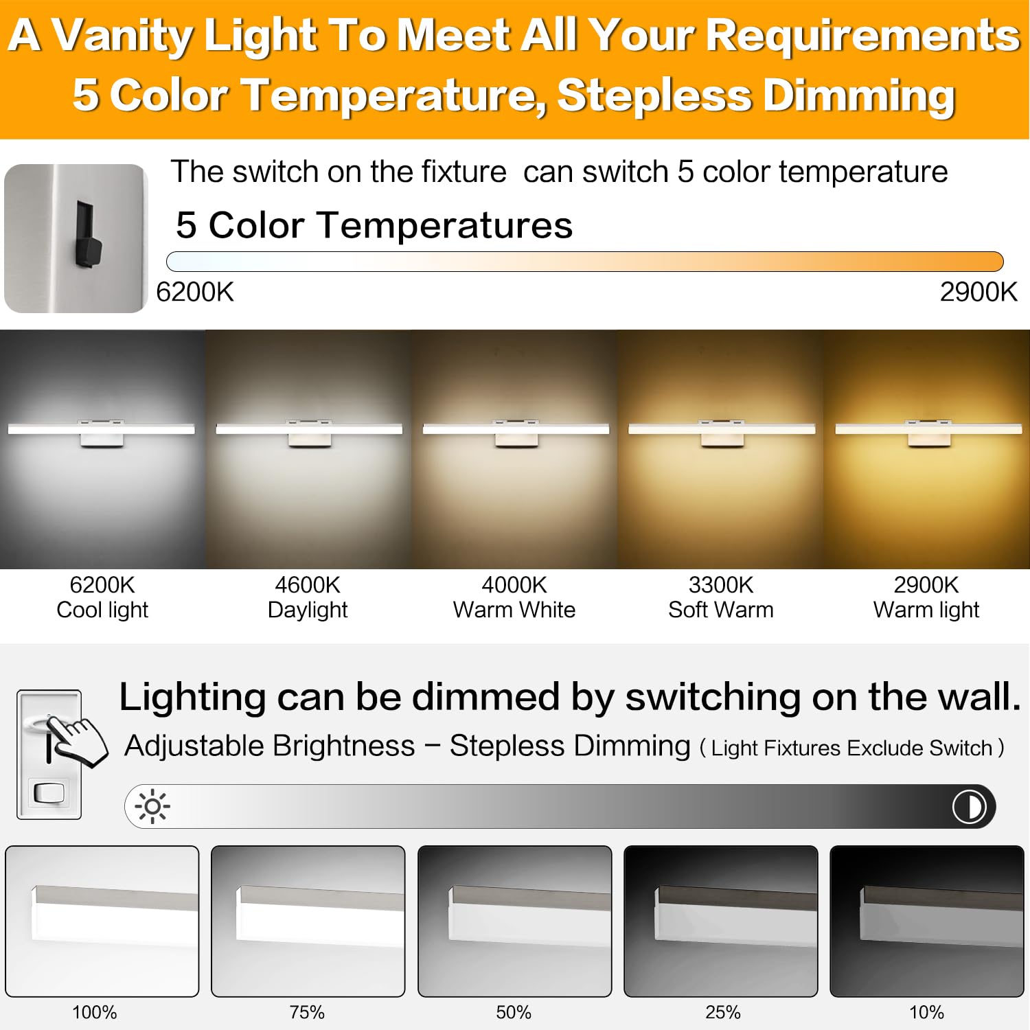 SOLFART Dimmable Bathroom Vanity Light Fixture, 31.5 Inch, 5 Color Temperature, Aluminum, Brushed Nickel, Model 8778-810mm-NK-5CCT