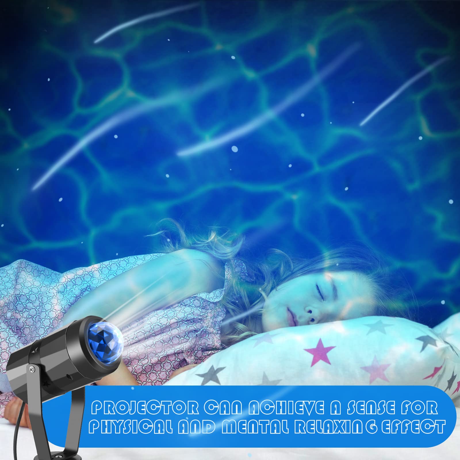 Riakrum 6 Pcs LED Ocean Wave Projector Light, 360° Rotating, Blue Night Light for Bedroom & Party Decoration