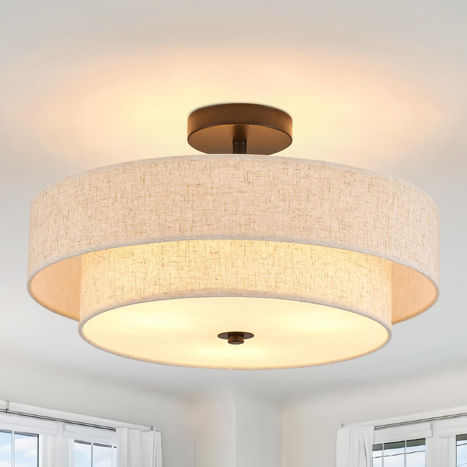 Widluth Modern Semi Flush Mount Ceiling Light 18" Modern 3-Lights Black Drum Ceiling Lighting Fixture With Linen Shade Vintage Ceiling Lamp For Kitchen, Basement, Laundry Room, Bedroom