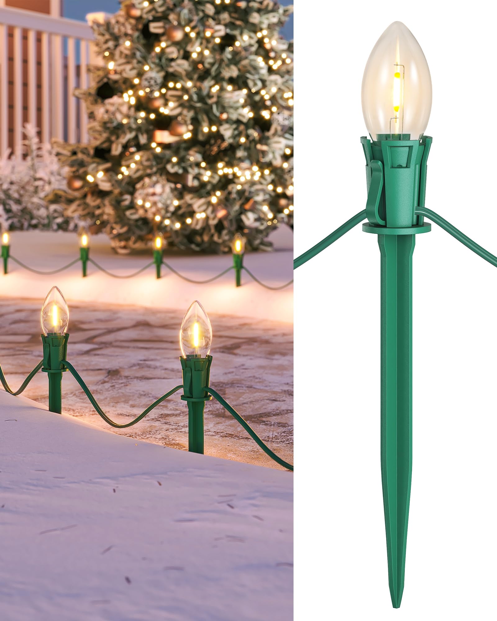 Suraielec C9 Christmas Pathway Lights, 25Ft Walkway Christmas Lights With 20 Warm Led Bulbs, 20 Stakes, Holiday Decoration For S