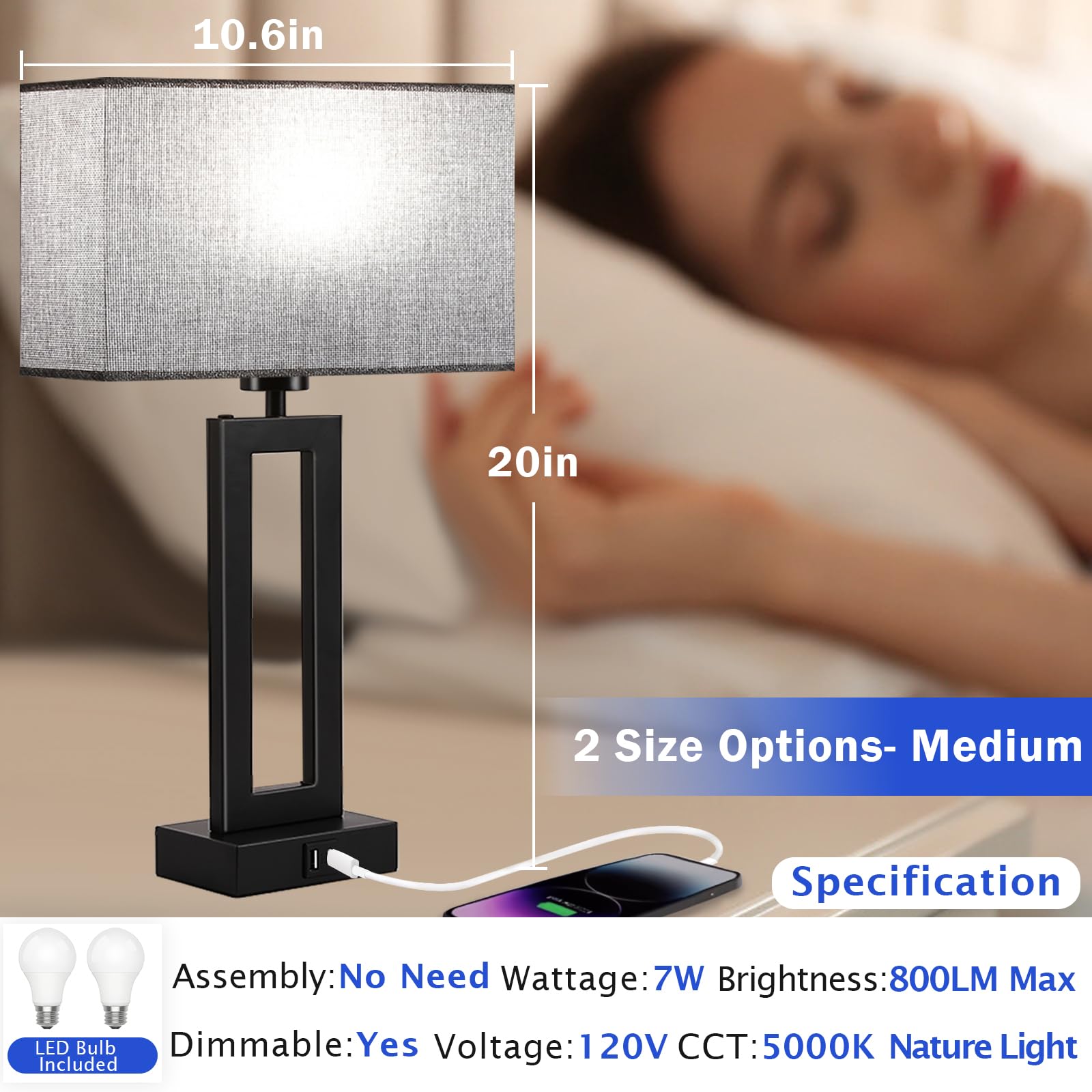 Modern Nightstand Lamps Set Of 2 - Touch Control Bedside Table Lamps With Usb C&A, 3 Way Dimmable For Bedrooms & Living Room, Gr